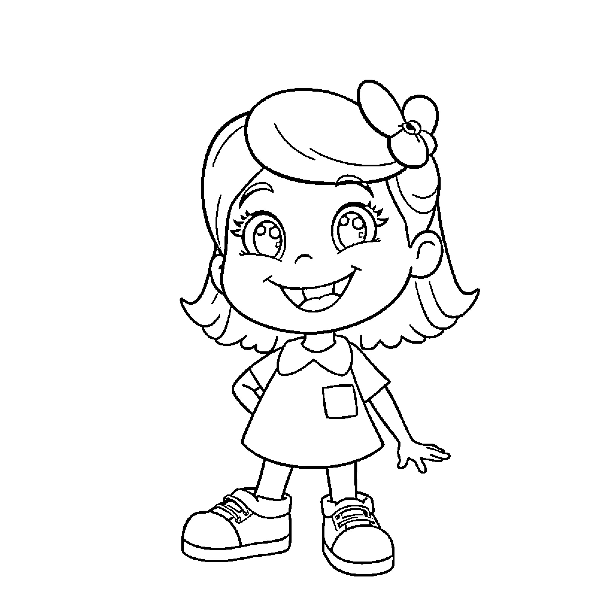 Ms Rachel's Cheerful Cartoon Girl Coloring Page (free black-and-white line drawing printable PDF for all, from beginners to advanced learners, including children, teens, adults, and seniors)