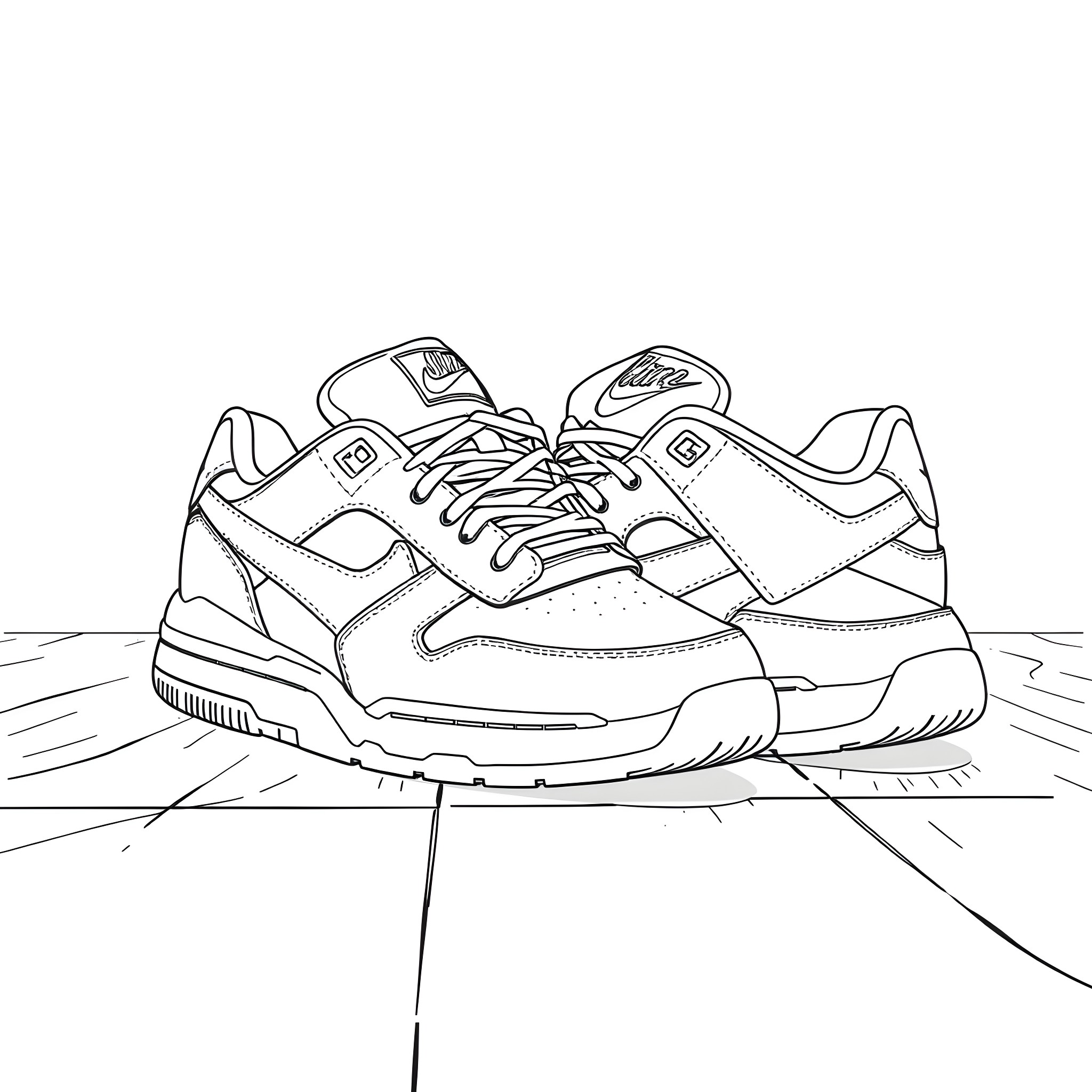 Jordan Shoes on Display Coloring Page (free black-and-white line drawing printable PDF for all, from beginners to advanced learners, including children, teens, adults, and seniors)