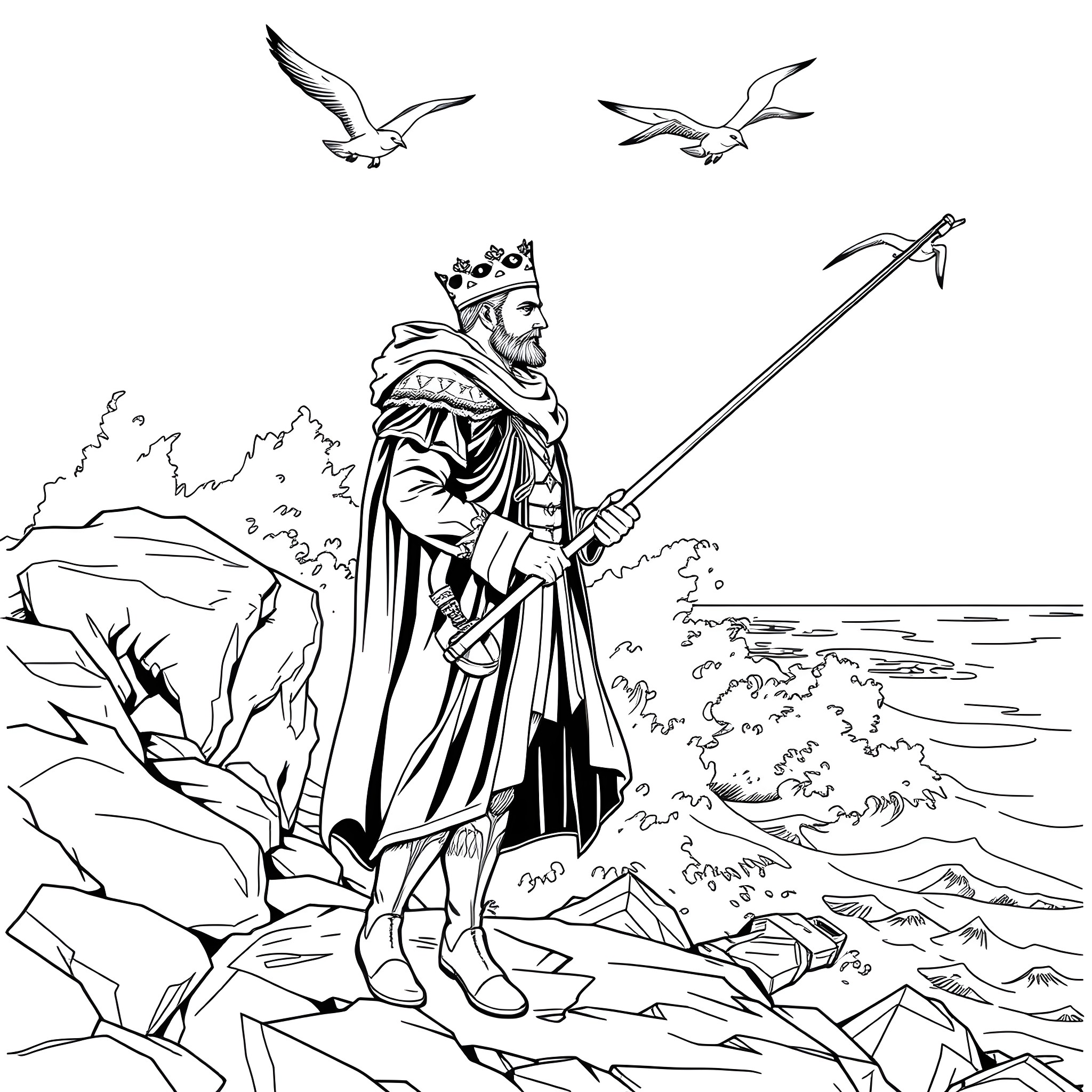 Fisherman King Overlooking the Vast Sea Coloring Page (free black-and-white line drawing printable PDF for all, from beginners to advanced learners, including children, teens, adults, and seniors)