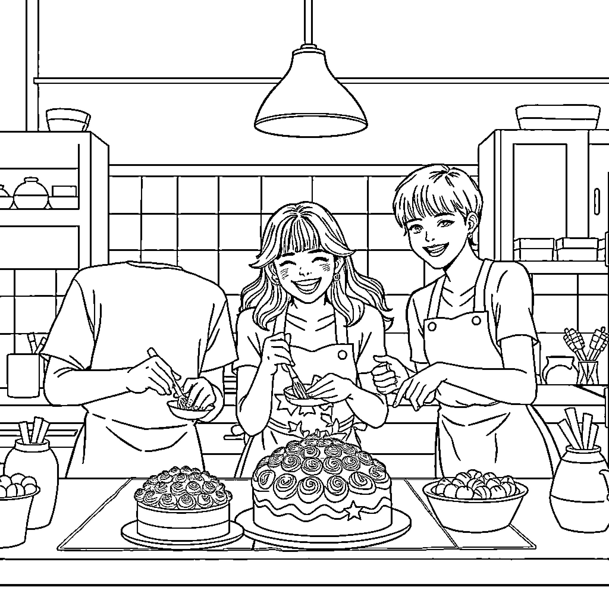Kpop Idols Baking and Decorating Cakes Coloring Page (free black-and-white line drawing printable PDF for all, from beginners to advanced learners, including children, teens, adults, and seniors)