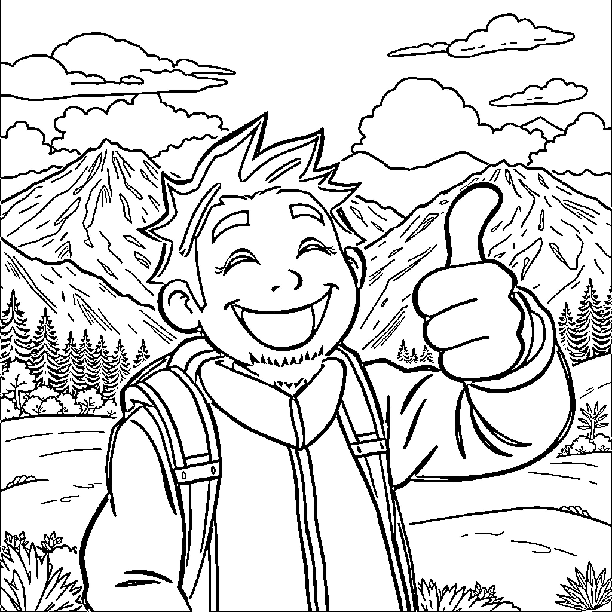 Tanjiro hiking happily in the mountains Coloring Page (free black-and-white line drawing printable PDF for all, from beginners to advanced learners, including children, teens, adults, and seniors)