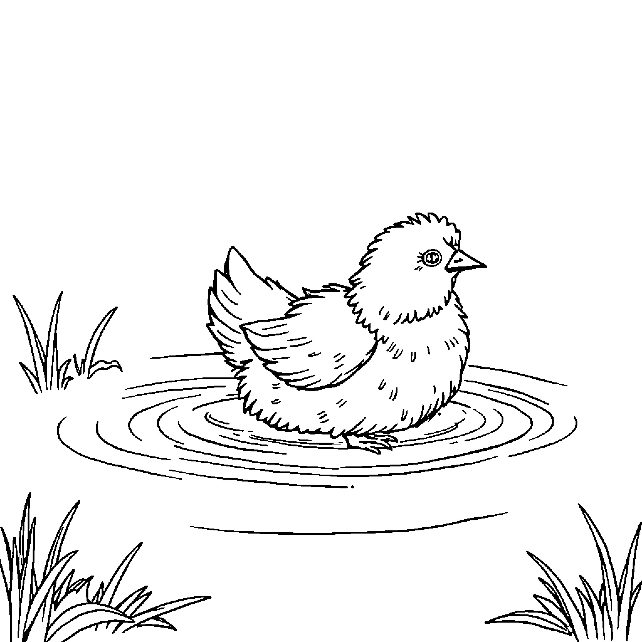 Chicken swimming in a tranquil pond Coloring Page (free black-and-white line drawing printable PDF for all, from beginners to advanced learners, including children, teens, adults, and seniors)