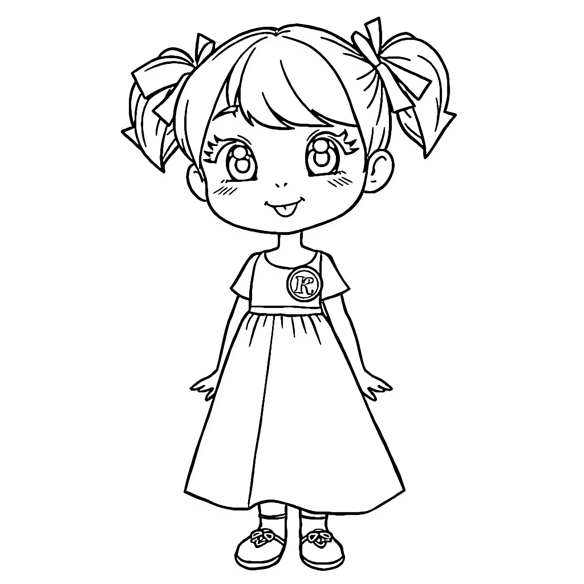 Girl in Cheerful Dress and Pigtails Coloring Page (free black-and-white line drawing printable PDF for all, from beginners to advanced learners, including children, teens, adults, and seniors)
