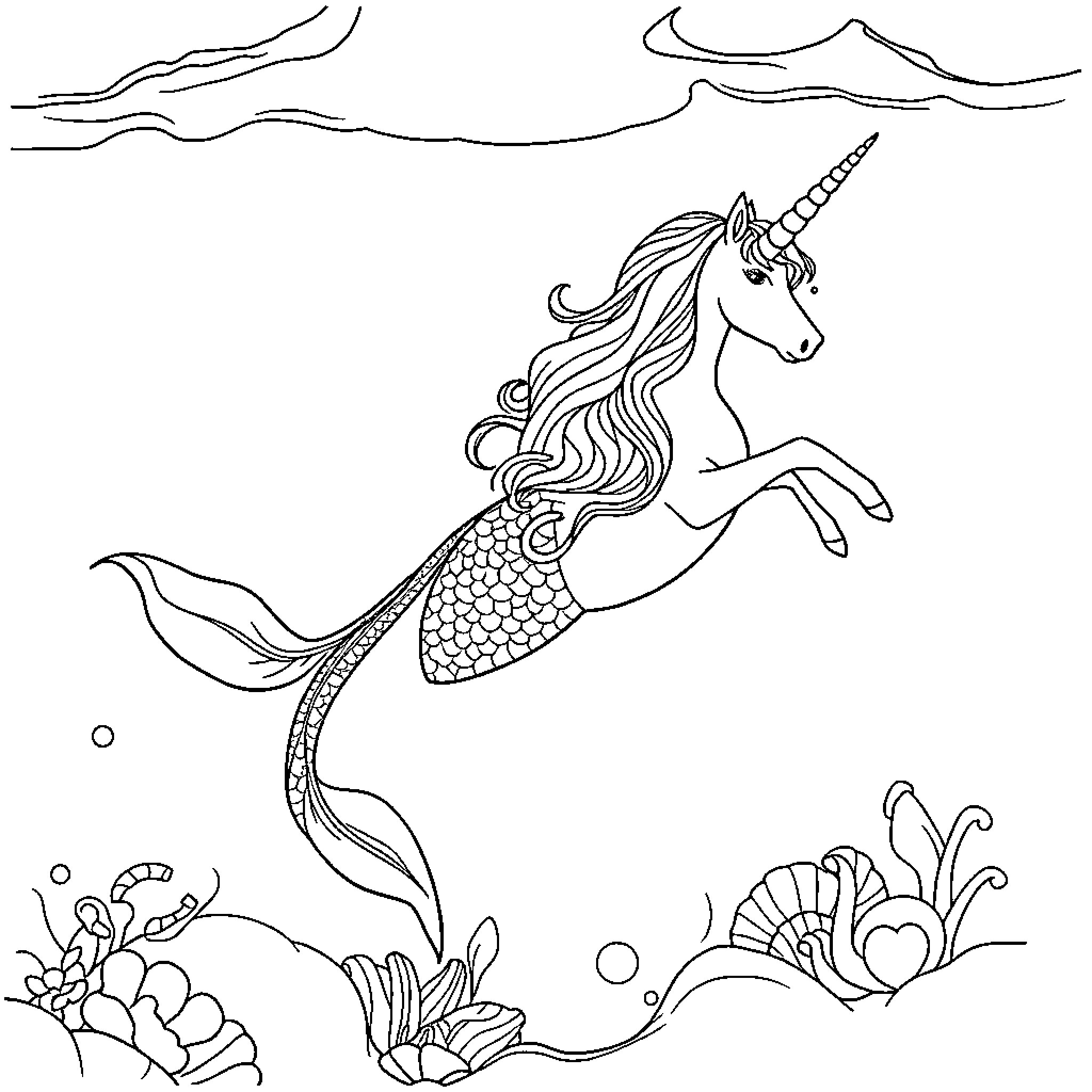 Unicorn swimming gracefully in underwater scene Coloring Page (free black-and-white line drawing printable PDF for all, from beginners to advanced learners, including children, teens, adults, and seniors)