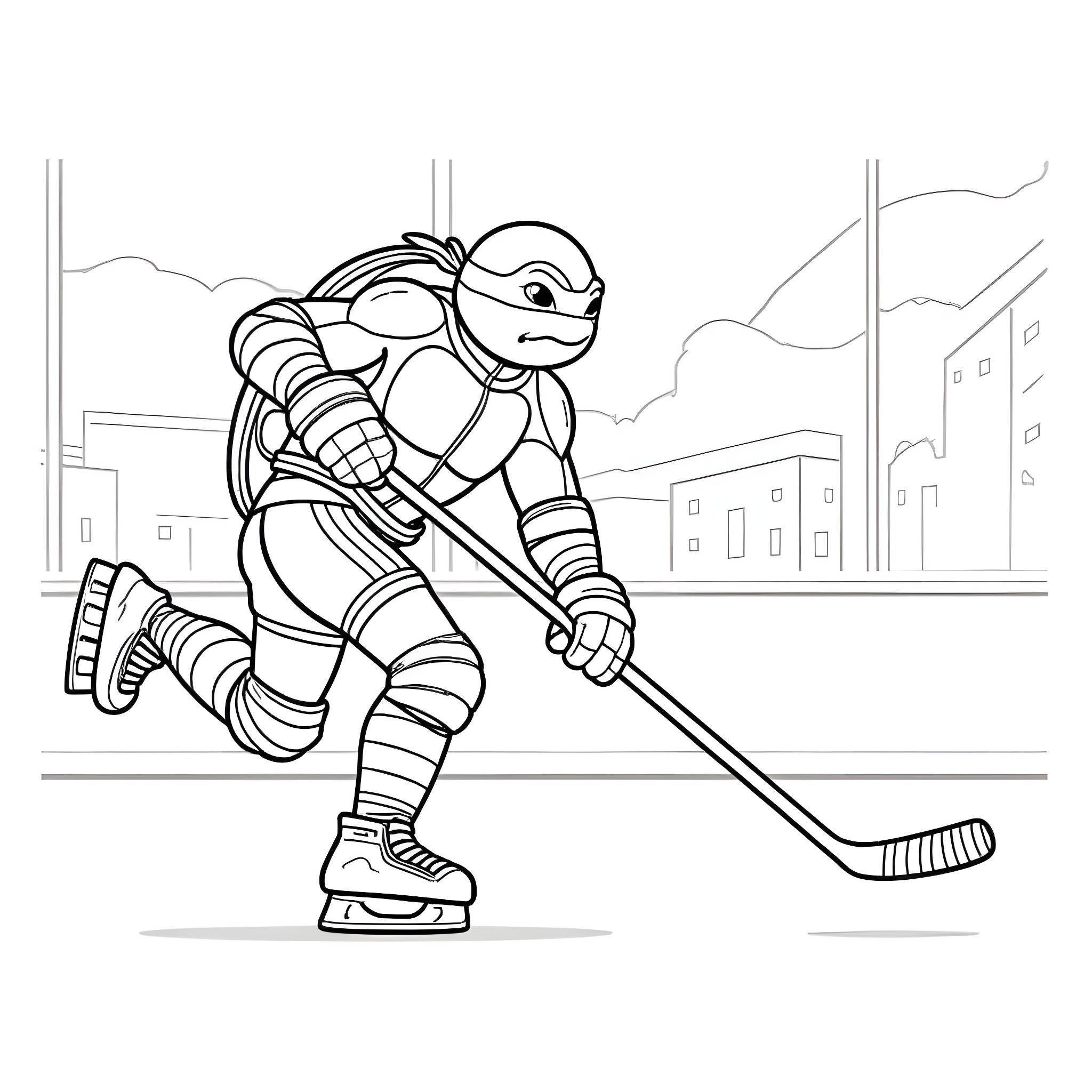 Raphael the Hockey Player on the Ice Rink Coloring Page (free black-and-white line drawing printable PDF for all, from beginners to advanced learners, including children, teens, adults, and seniors)