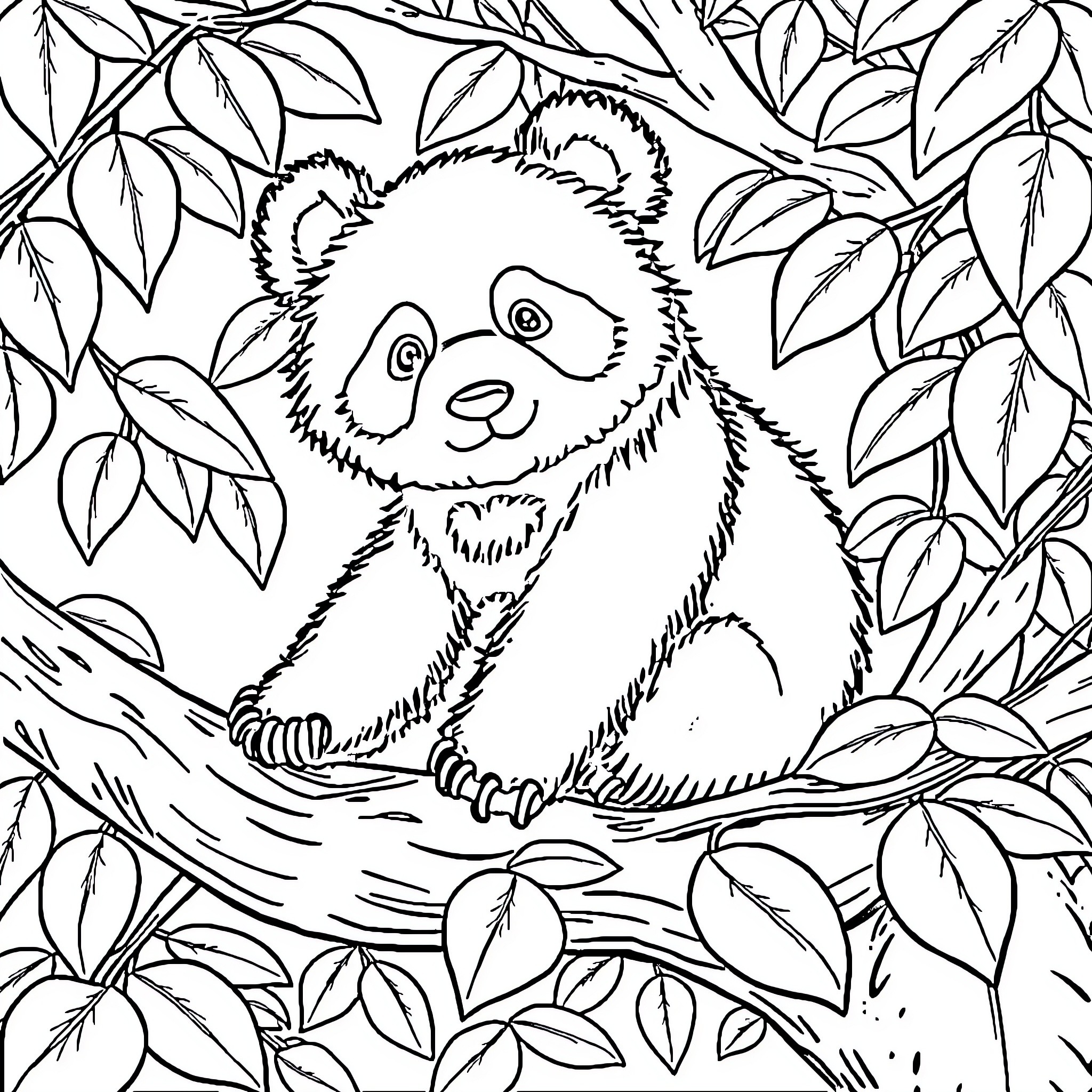 Panda relaxing in the lush foliage Coloring Page (free black-and-white line drawing printable PDF for all, from beginners to advanced learners, including children, teens, adults, and seniors)