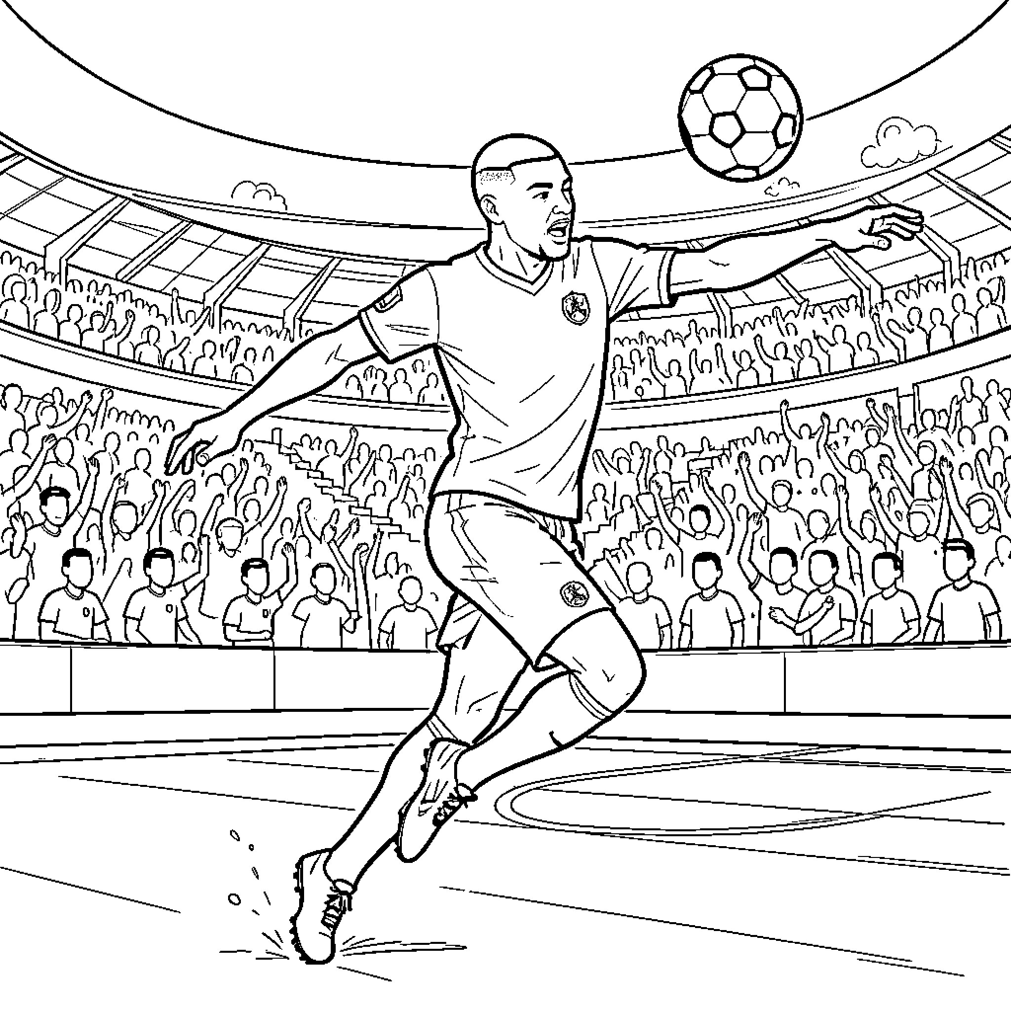 Mbappe controlling a soccer ball in a crowded stadium Coloring Page (free black-and-white line drawing printable PDF for all, from beginners to advanced learners, including children, teens, adults, and seniors)
