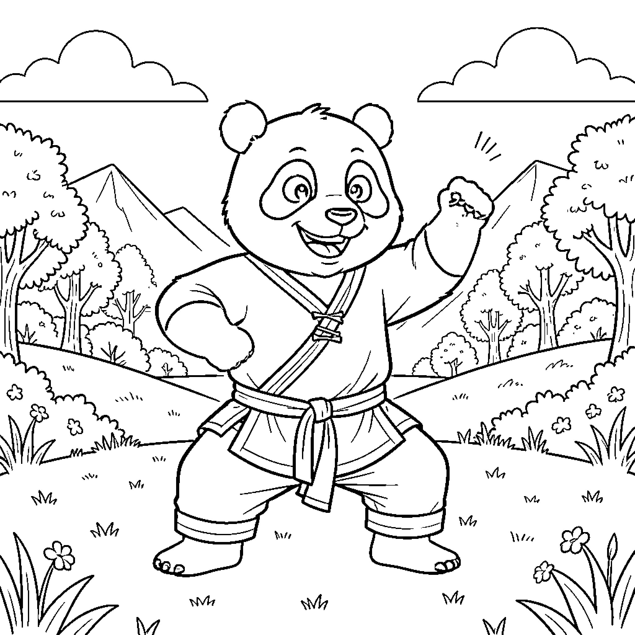 Panda Practicing Martial Arts in the Mountains Coloring Page (free black-and-white line drawing printable PDF for all, from beginners to advanced learners, including children, teens, adults, and seniors)