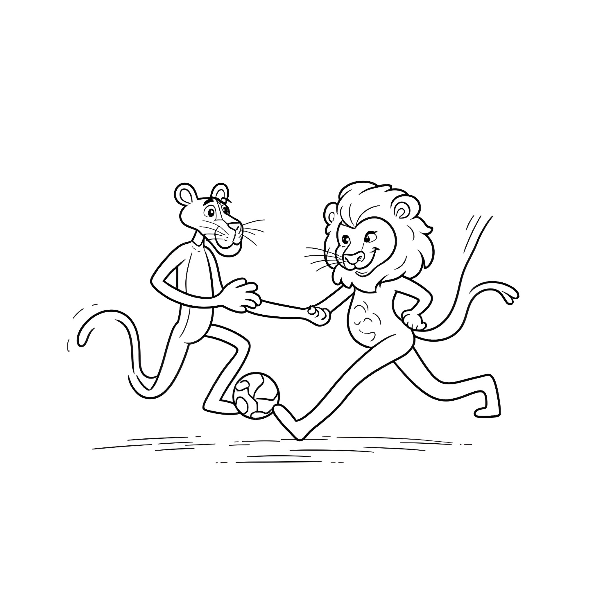Pink Panther characters in a playful chase Coloring Page (free black-and-white line drawing printable PDF for all, from beginners to advanced learners, including children, teens, adults, and seniors)