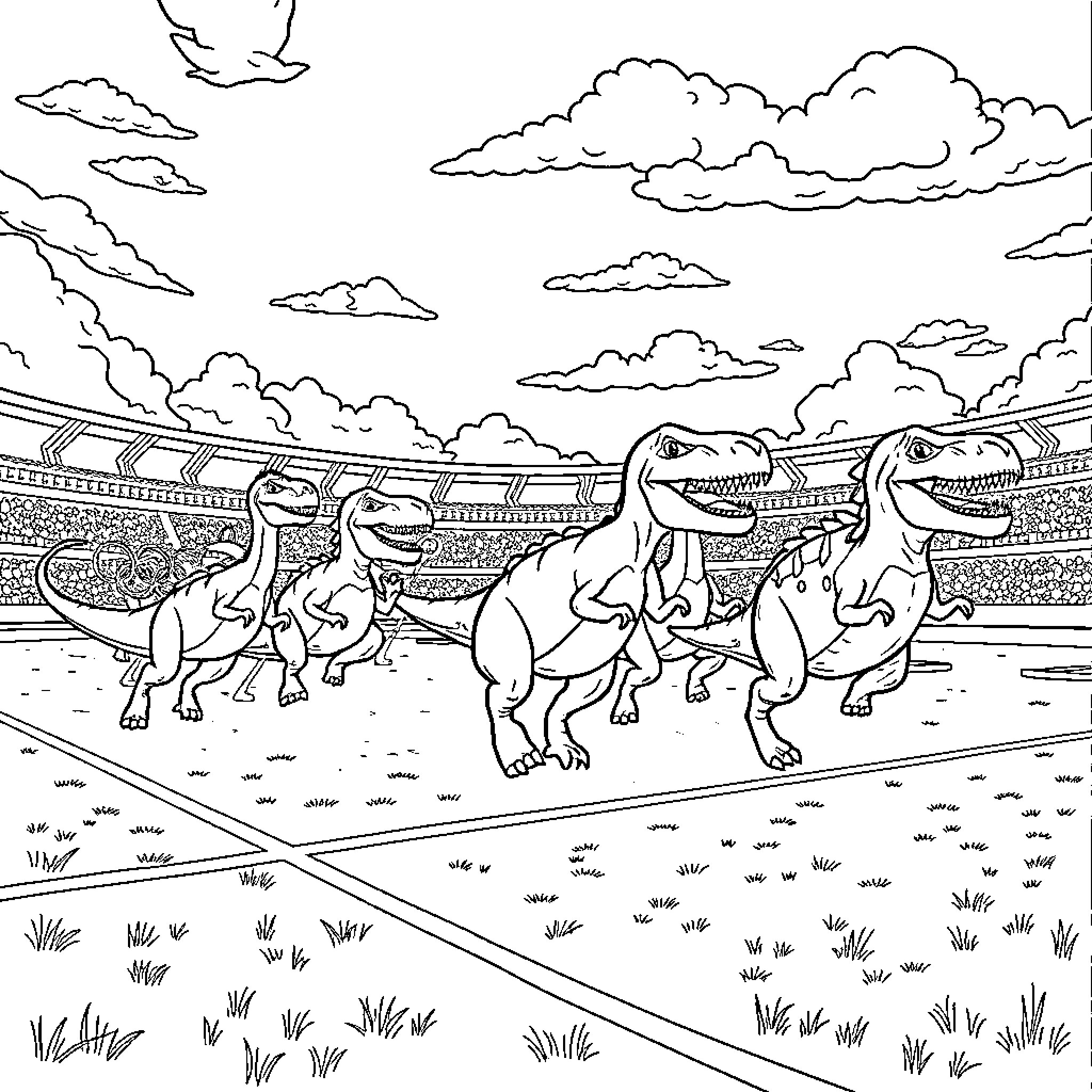 Dinosaurs racing on a track in a stadium Coloring Page (free black-and-white line drawing printable PDF for all, from beginners to advanced learners, including children, teens, adults, and seniors)