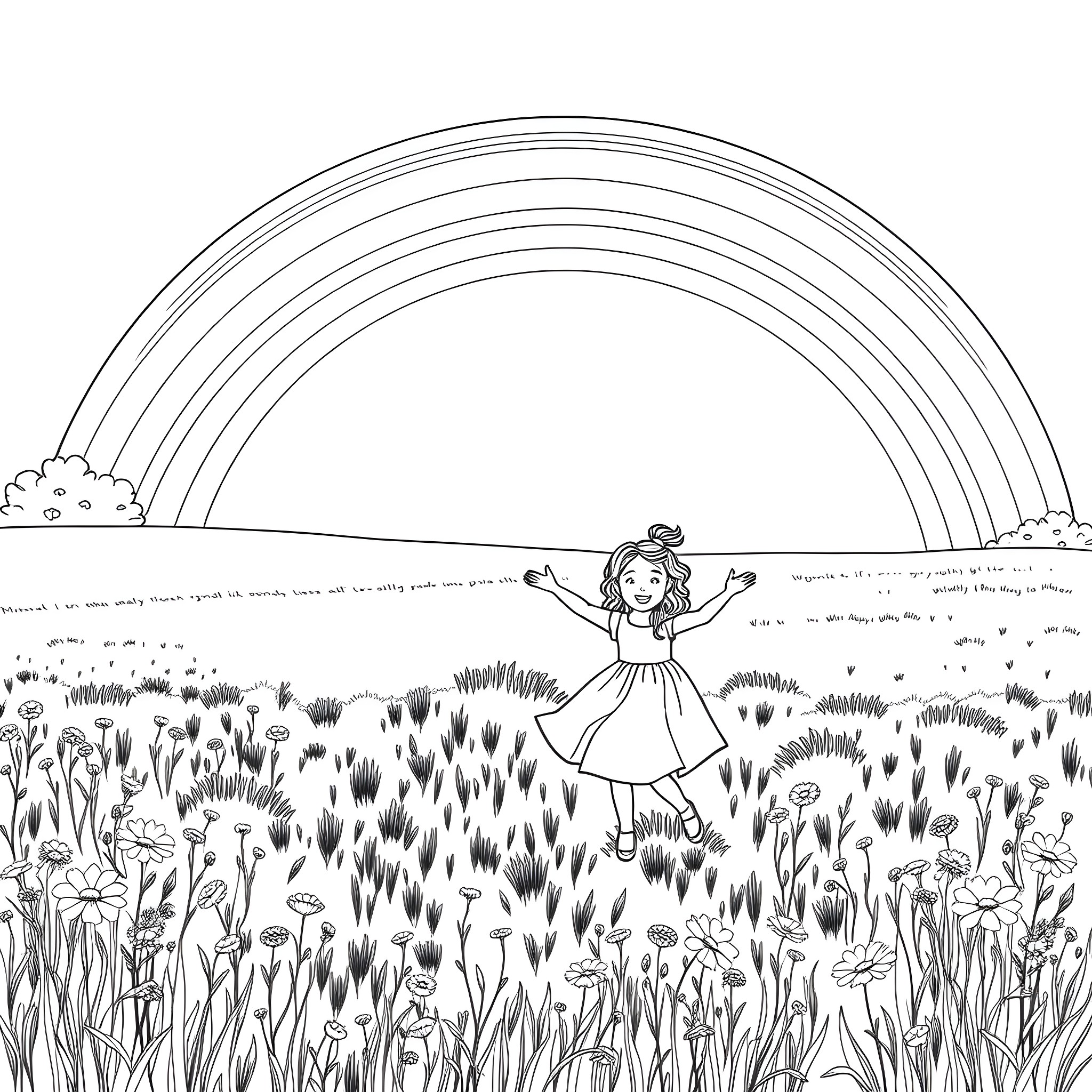 Mama playing cheerfully in a meadow under a rainbow Coloring Page (free black-and-white line drawing printable PDF for all, from beginners to advanced learners, including children, teens, adults, and seniors)