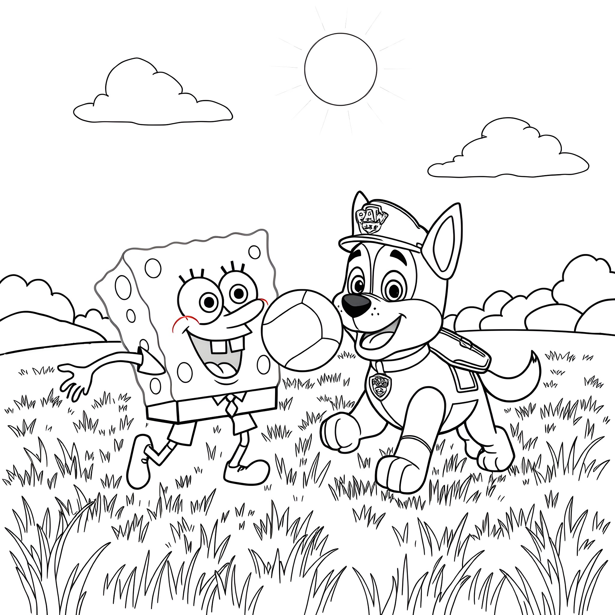 Spongebob and Paw Patrol Puppy Playing in the Grass Coloring Page (free black-and-white line drawing printable PDF for all, from beginners to advanced learners, including children, teens, adults, and seniors)