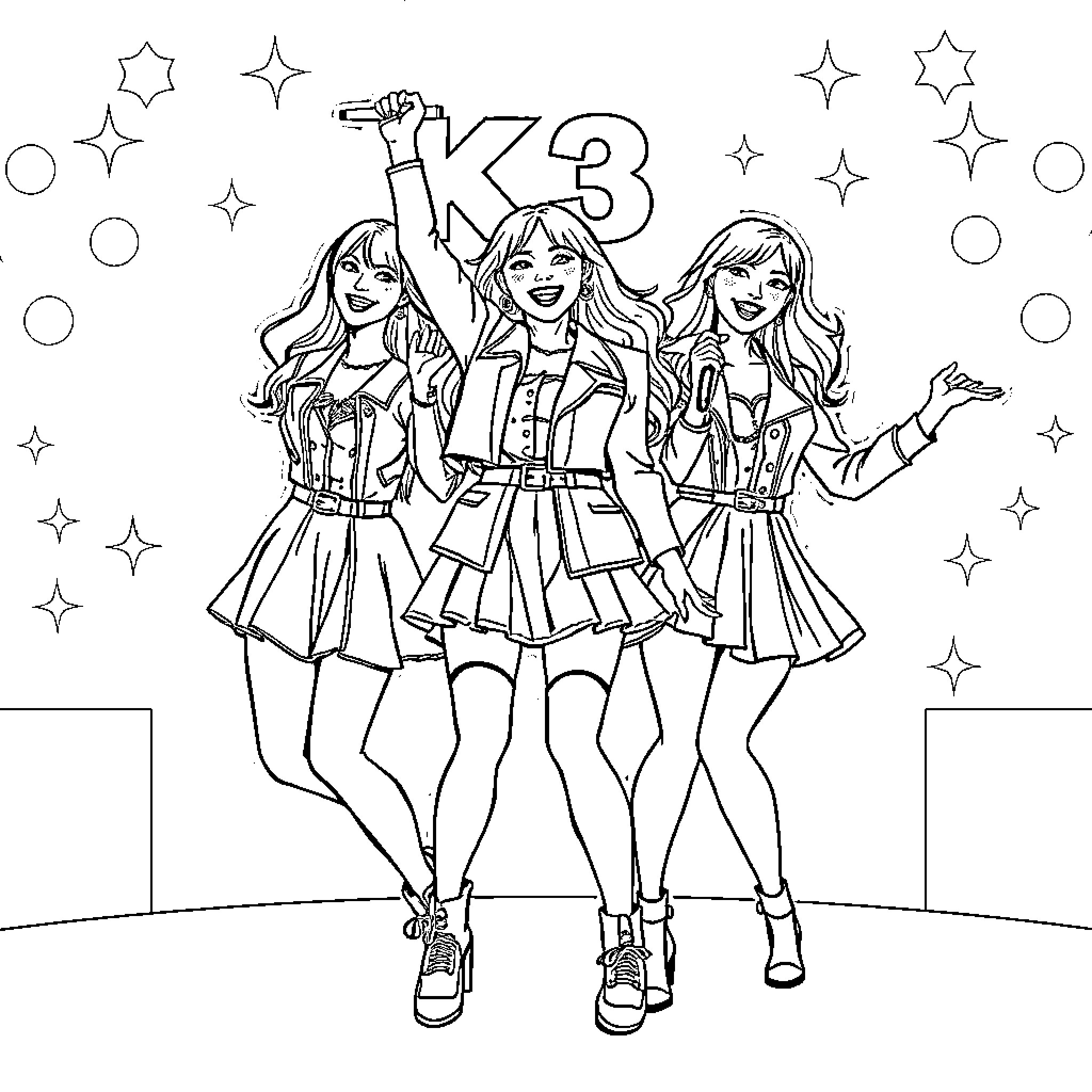K3 Girls Posing Happily on Stage Coloring Page (free black-and-white line drawing printable PDF for all, from beginners to advanced learners, including children, teens, adults, and seniors)