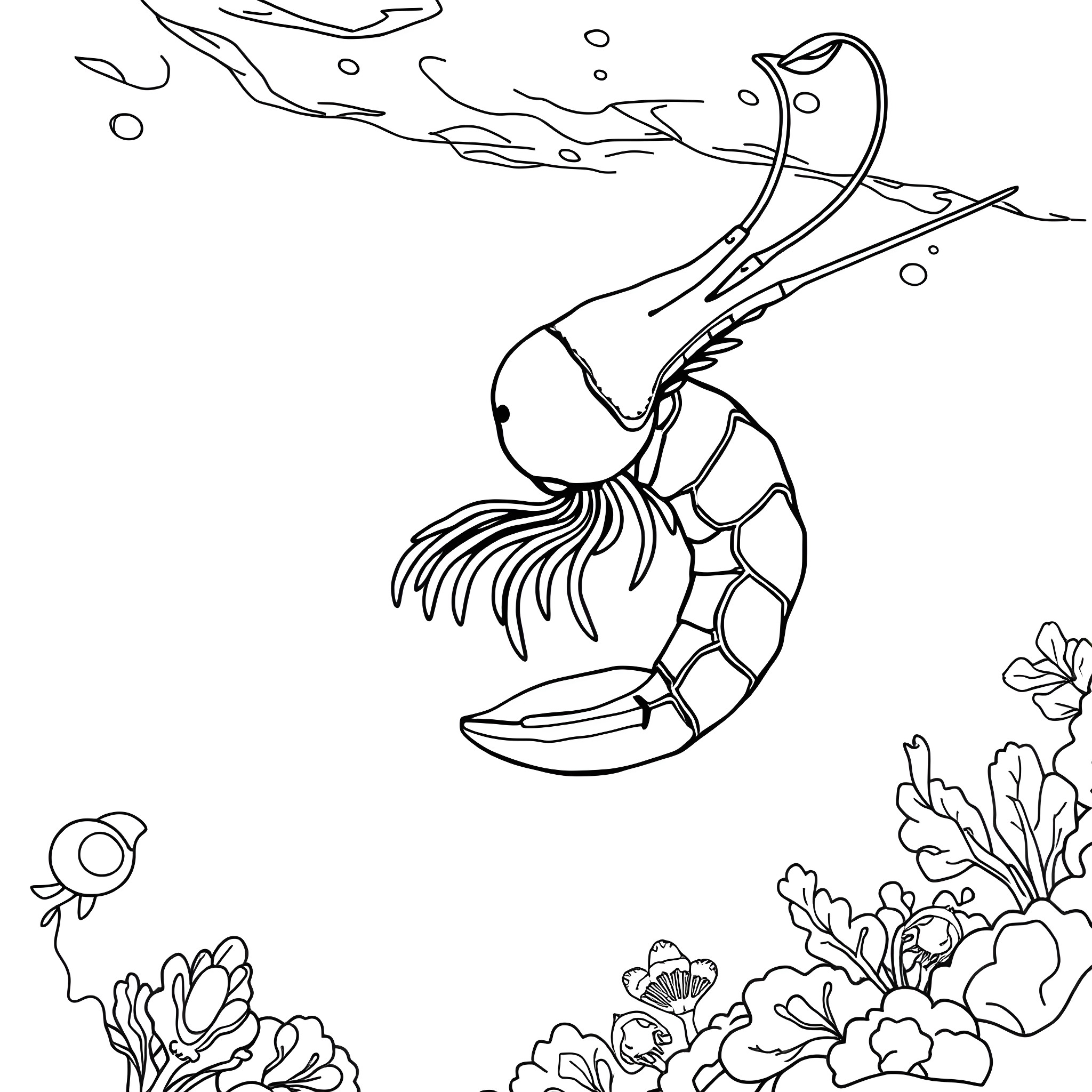 Shrimp swimming gracefully amid coral reefs Coloring Page (free black-and-white line drawing printable PDF for all, from beginners to advanced learners, including children, teens, adults, and seniors)