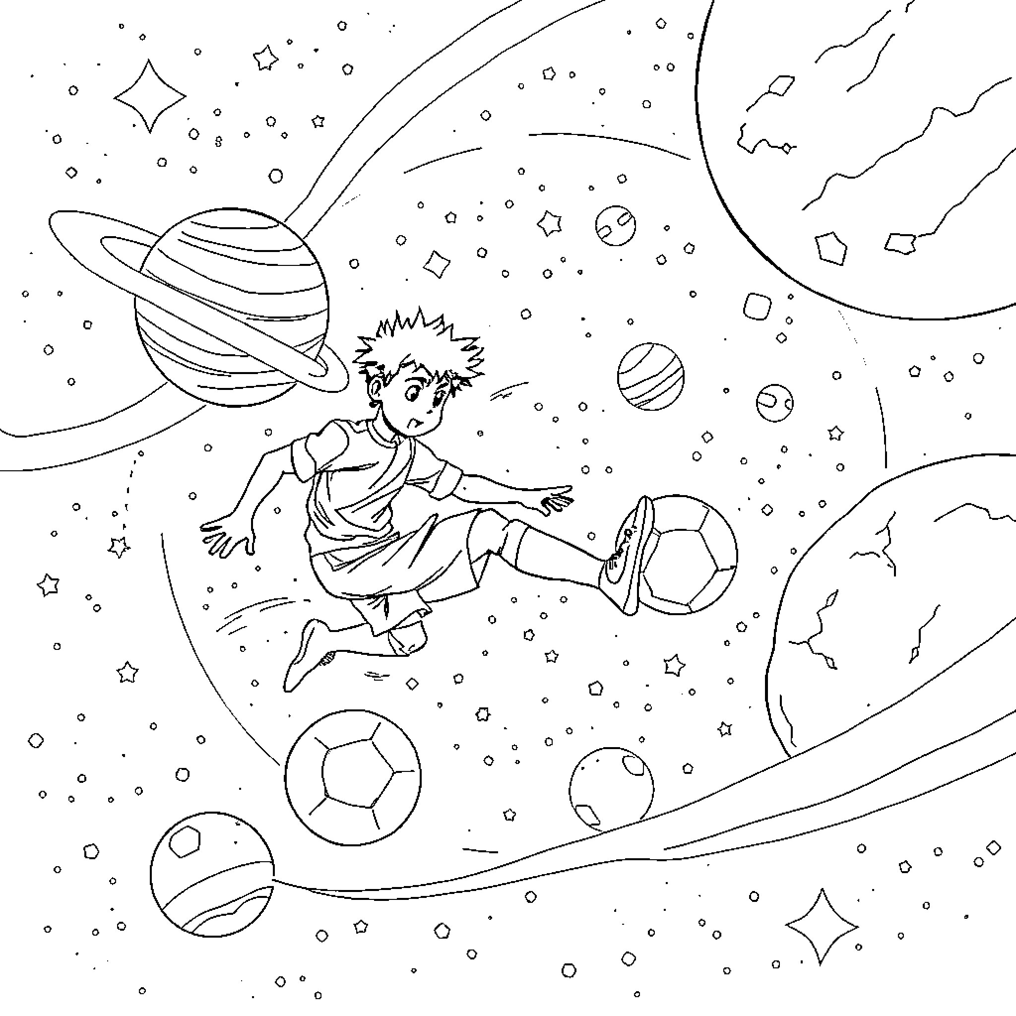 Mark's Cosmic Adventure through the Galaxy Coloring Page (free black-and-white line drawing printable PDF for all, from beginners to advanced learners, including children, teens, adults, and seniors)