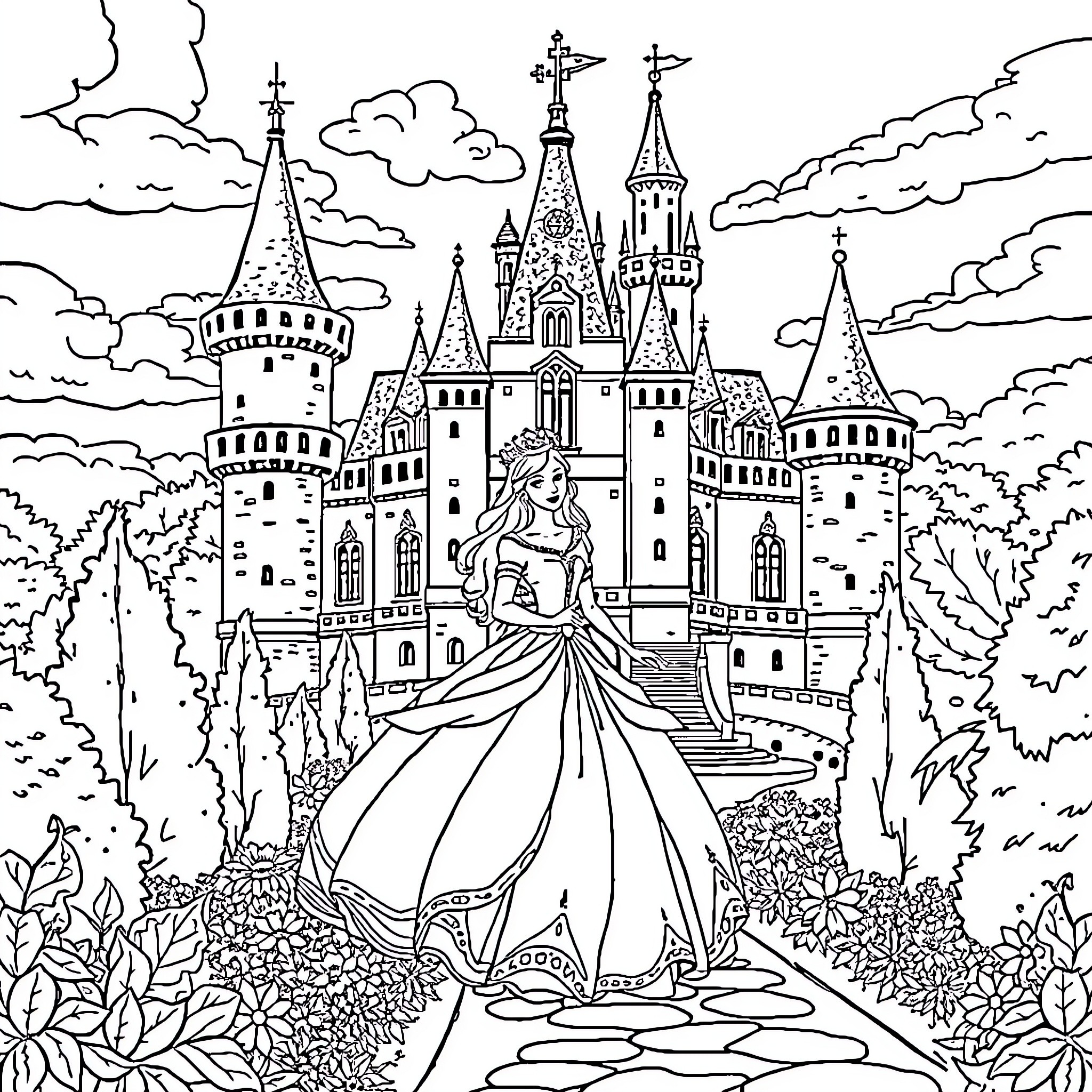 Princess in a Magical Castle Landscape Coloring Page (free black-and-white line drawing printable PDF for all, from beginners to advanced learners, including children, teens, adults, and seniors)
