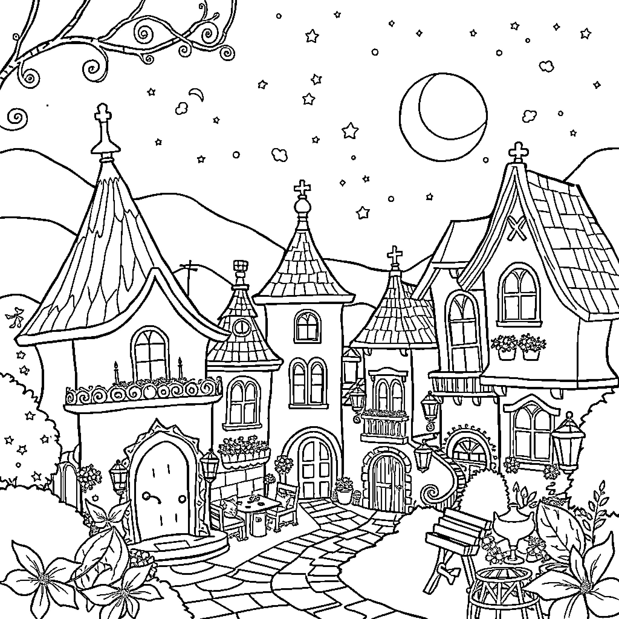 Encanto: Whimsical Night in a Fantastical Village Coloring Page (free black-and-white line drawing printable PDF for all, from beginners to advanced learners, including children, teens, adults, and seniors)