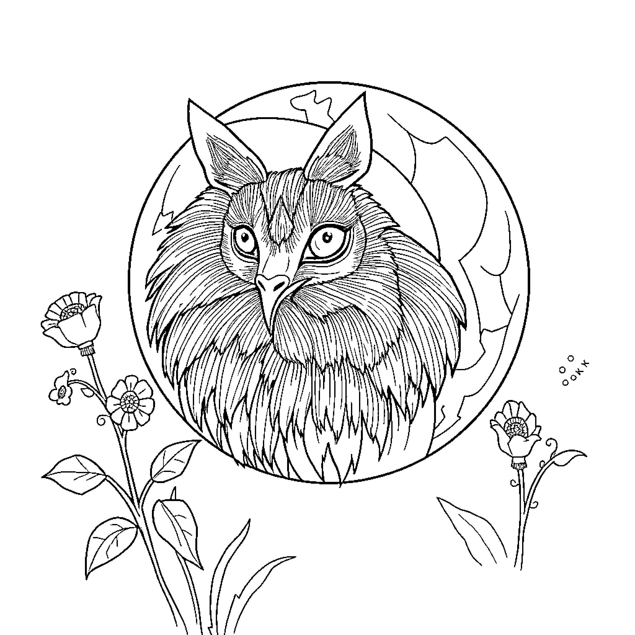 Dog with expressive eyes amidst floral background Coloring Page (free black-and-white line drawing printable PDF for all, from beginners to advanced learners, including children, teens, adults, and seniors)