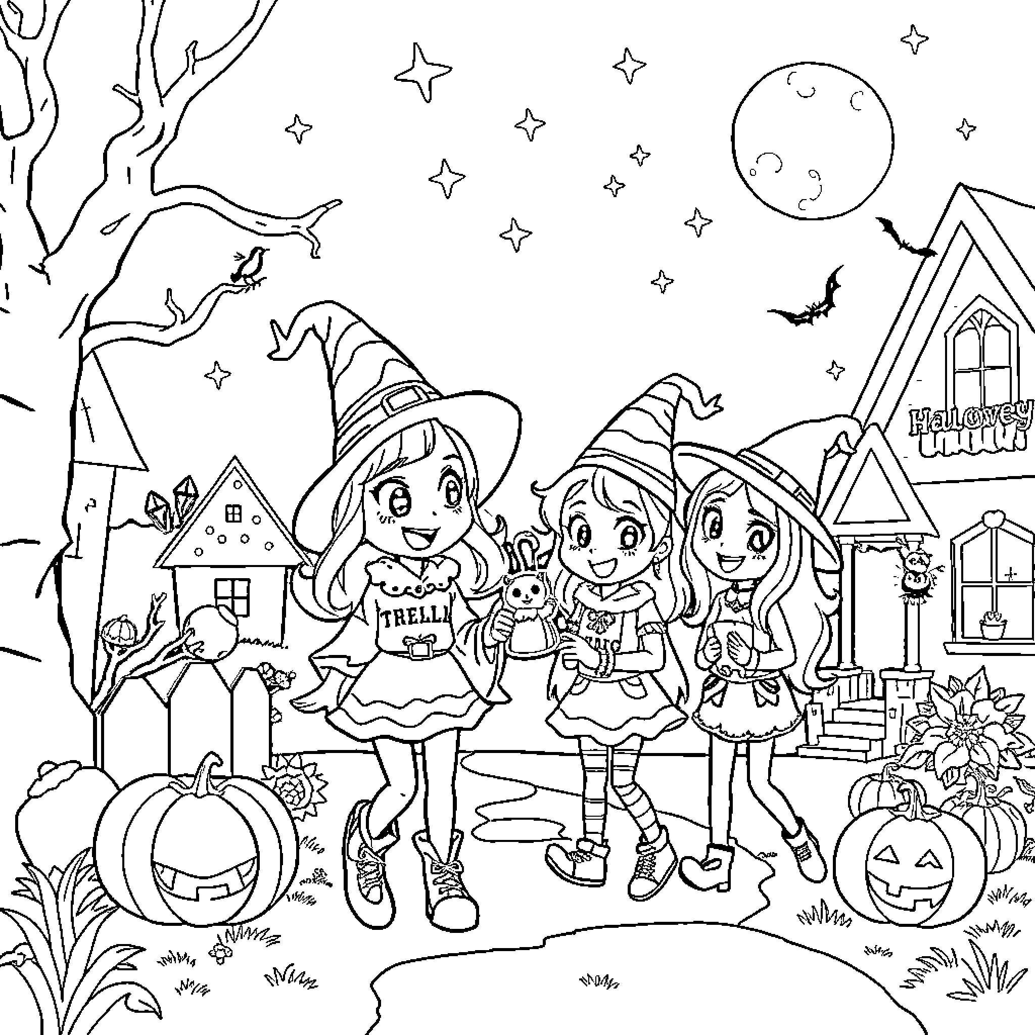 Bluey and friends celebrate Halloween Coloring Page (free black-and-white line drawing printable PDF for all, from beginners to advanced learners, including children, teens, adults, and seniors)