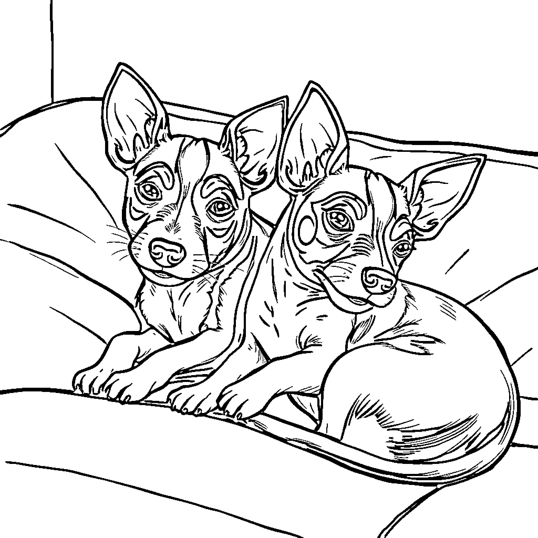 Jack Rat Terrier puppies playing together Coloring Page (free black-and-white line drawing printable PDF for all, from beginners to advanced learners, including children, teens, adults, and seniors)