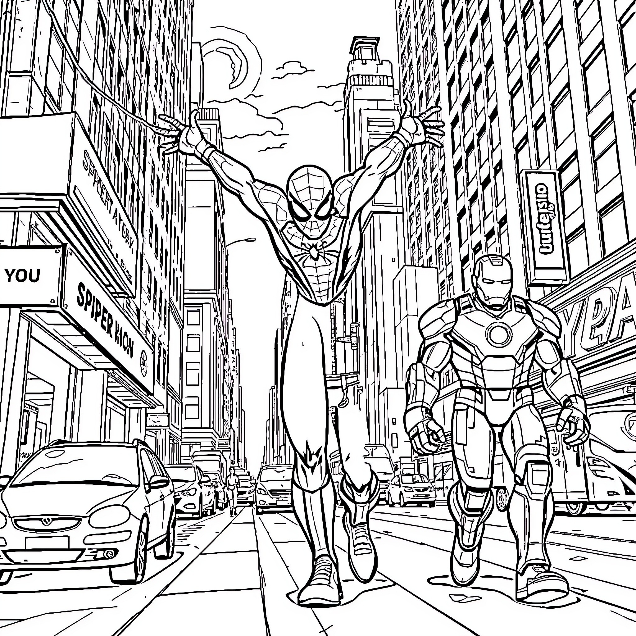Spiderman and Iron Man save the city Coloring Page (free black-and-white line drawing printable PDF for all, from beginners to advanced learners, including children, teens, adults, and seniors)