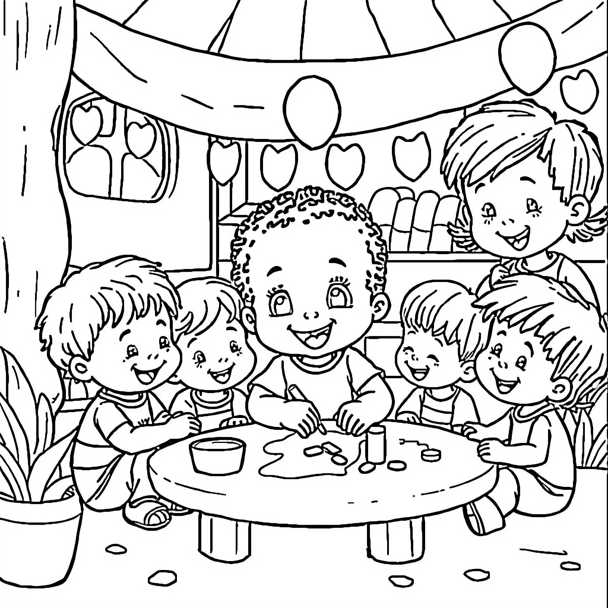 Tchoupi's Festive Party with Friends Coloring Page (free black-and-white line drawing printable PDF for all, from beginners to advanced learners, including children, teens, adults, and seniors)