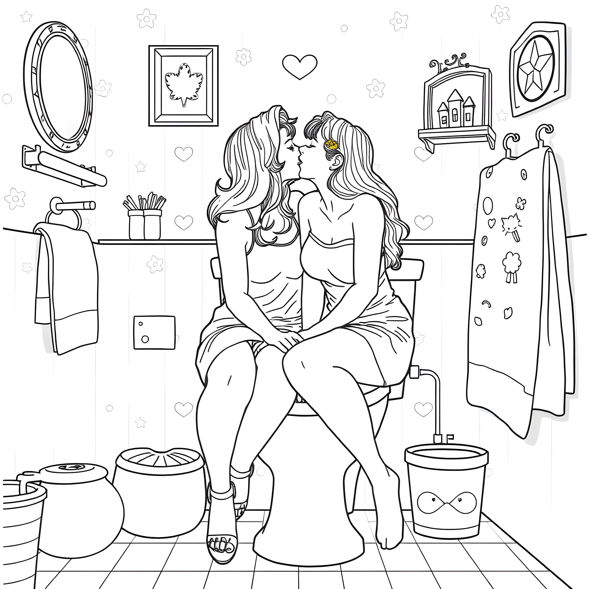 Girls sharing an intimate moment in the bathroom Coloring Page (free black-and-white line drawing printable PDF for all, from beginners to advanced learners, including children, teens, adults, and seniors)