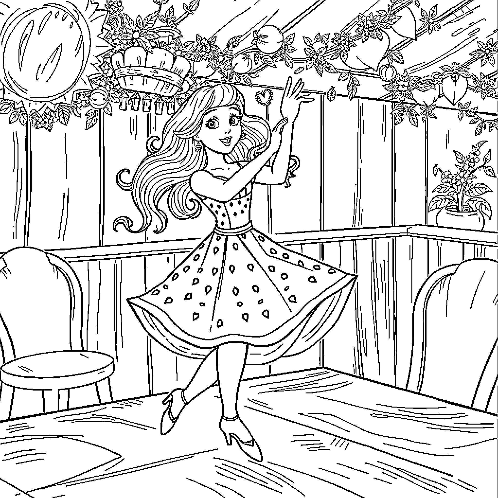 Strawberry Girl Dancing with Joy Coloring Page (free black-and-white line drawing printable PDF for all, from beginners to advanced learners, including children, teens, adults, and seniors)