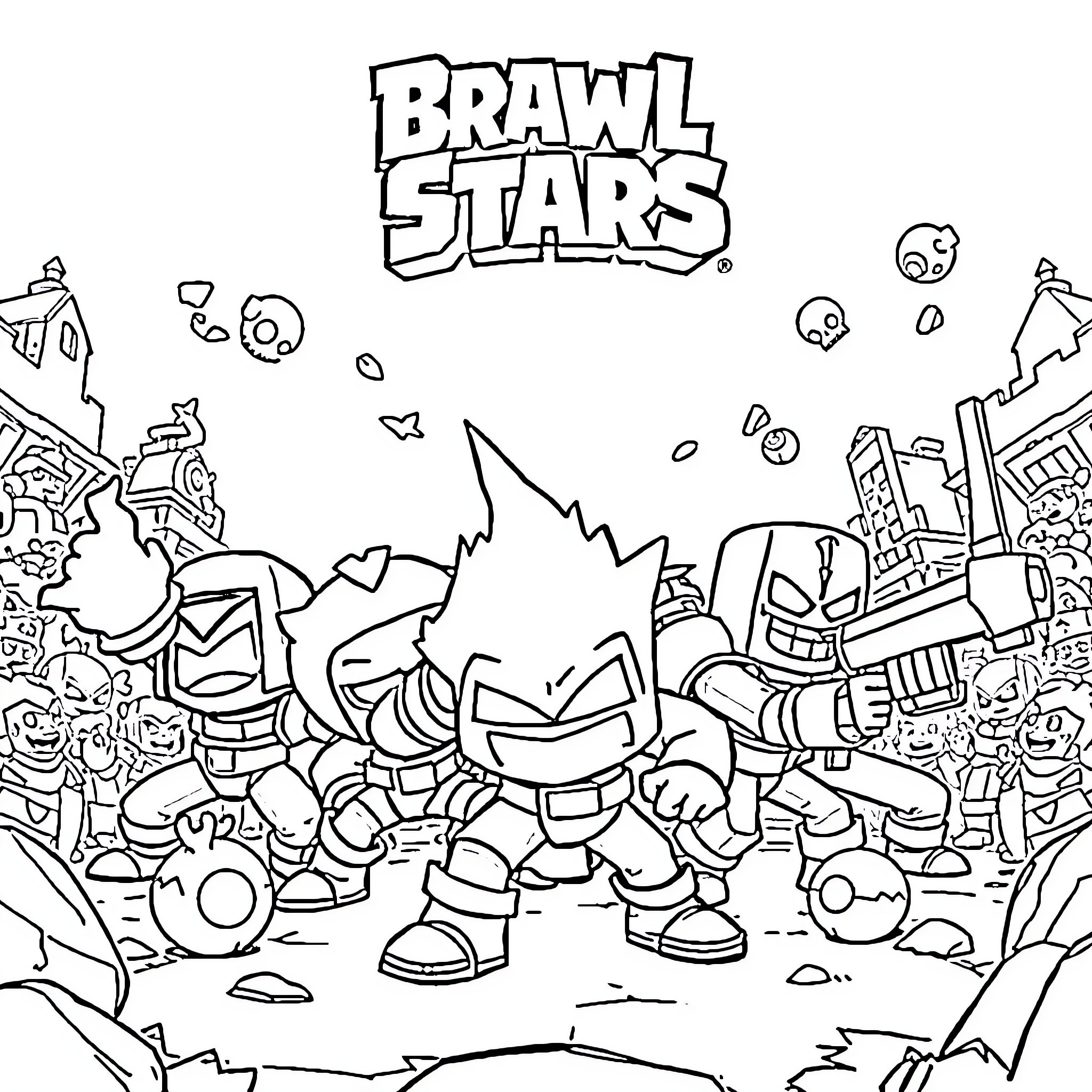 Brawlstar characters in action-packed battle scene Coloring Page (free black-and-white line drawing printable PDF for all, from beginners to advanced learners, including children, teens, adults, and seniors)