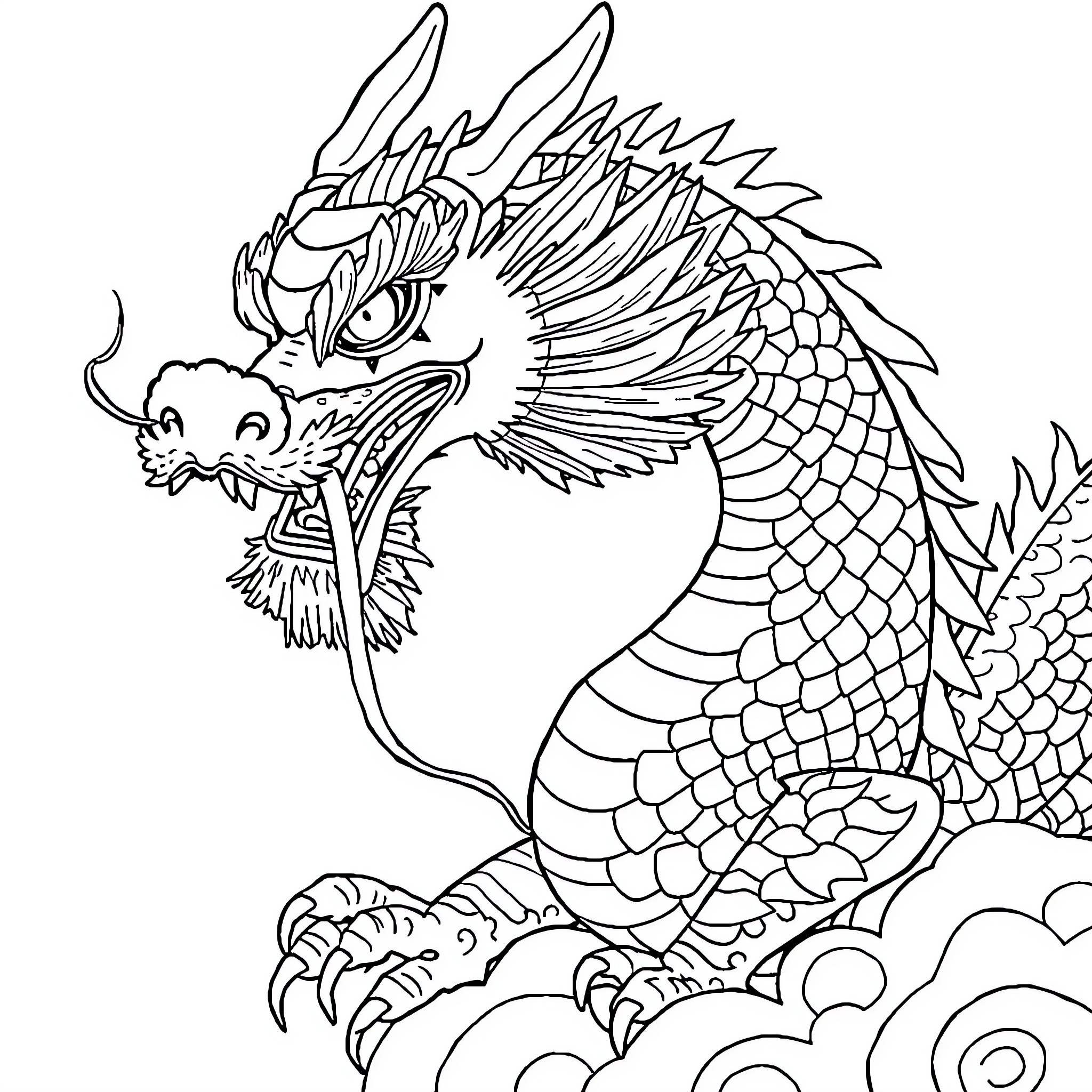 Dragon Taking Flight Through Stormy Skies Coloring Page (free black-and-white line drawing printable PDF for all, from beginners to advanced learners, including children, teens, adults, and seniors)