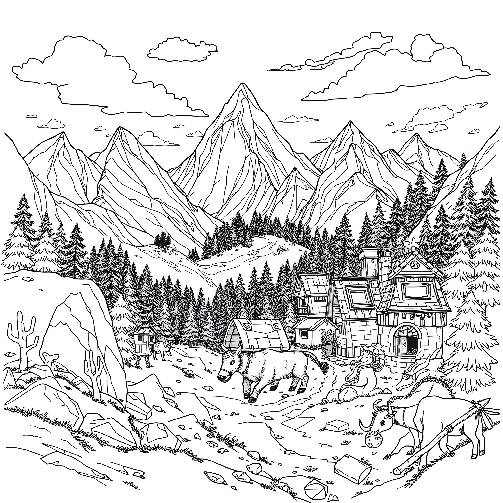 Minecraft Mountain Town Landscape Coloring Page (free black-and-white line drawing printable PDF for all, from beginners to advanced learners, including children, teens, adults, and seniors)