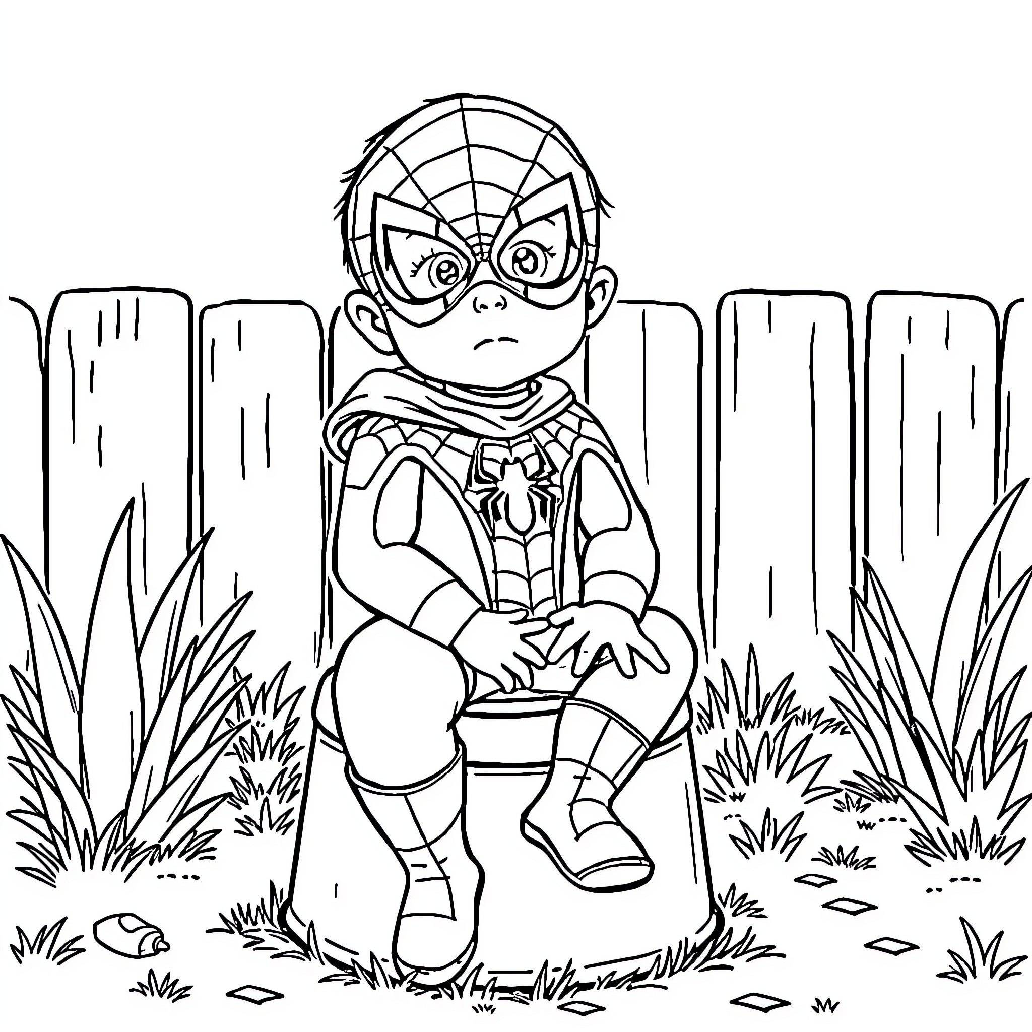 Spider-Man Sitting Glumly in the Grass Coloring Page (free black-and-white line drawing printable PDF for all, from beginners to advanced learners, including children, teens, adults, and seniors)