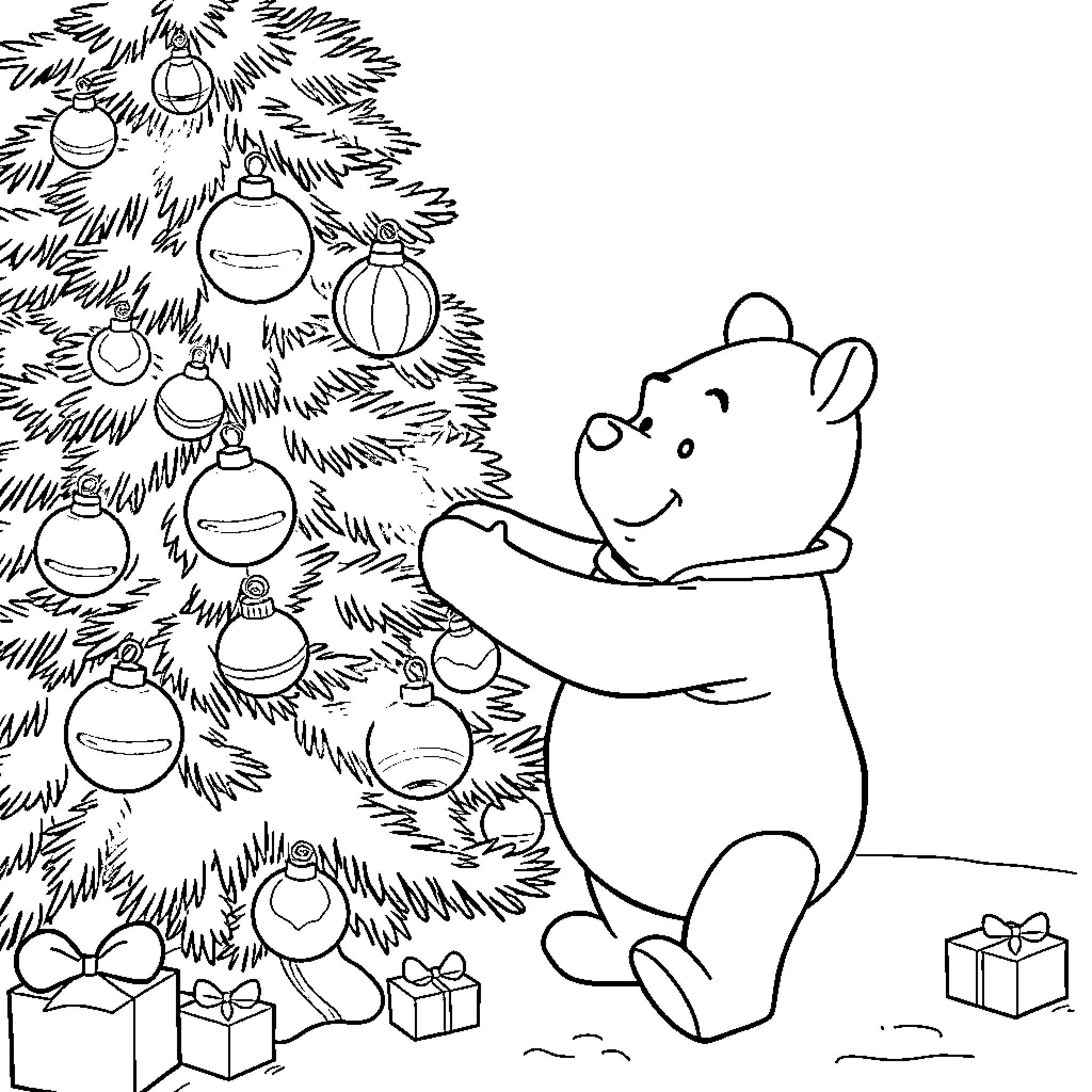 Winnie The Pooh Decorating Christmas Tree with Ornaments Coloring Page (free black-and-white line drawing printable PDF for all, from beginners to advanced learners, including children, teens, adults, and seniors)