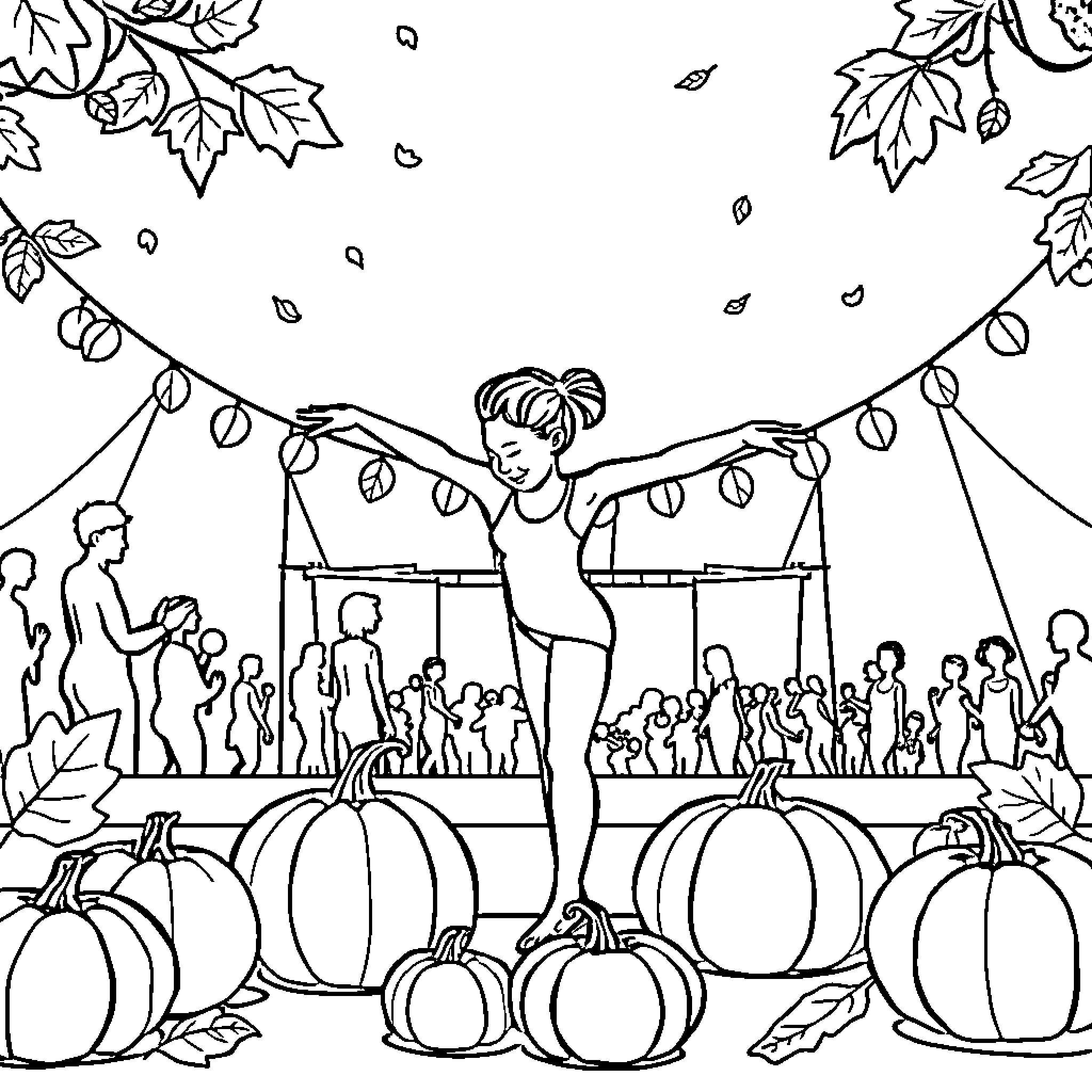 Gymnastics Performance in Autumn Harvest Festival Coloring Page (free black-and-white line drawing printable PDF for all, from beginners to advanced learners, including children, teens, adults, and seniors)