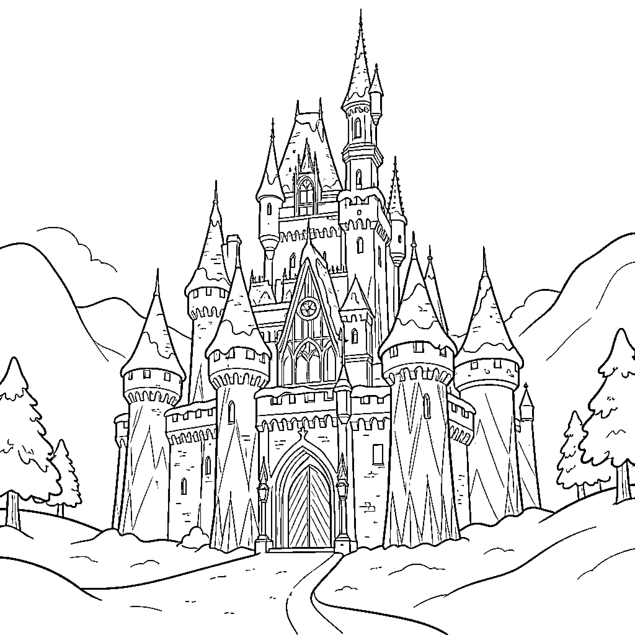 Ice Queen standing before a majestic frozen castle Coloring Page (free black-and-white line drawing printable PDF for all, from beginners to advanced learners, including children, teens, adults, and seniors)