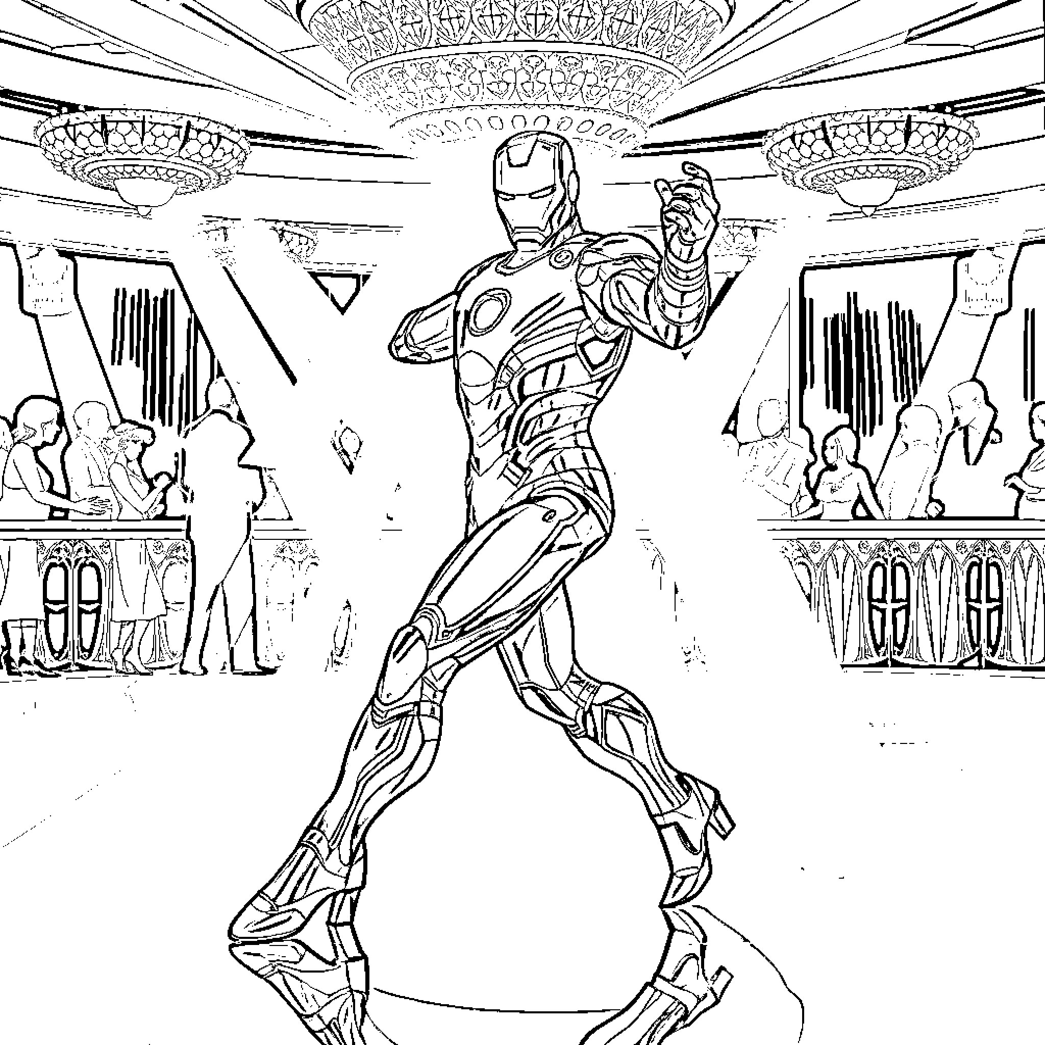 Ironman in heroic pose at a lavish gala event Coloring Page (free black-and-white line drawing printable PDF for all, from beginners to advanced learners, including children, teens, adults, and seniors)