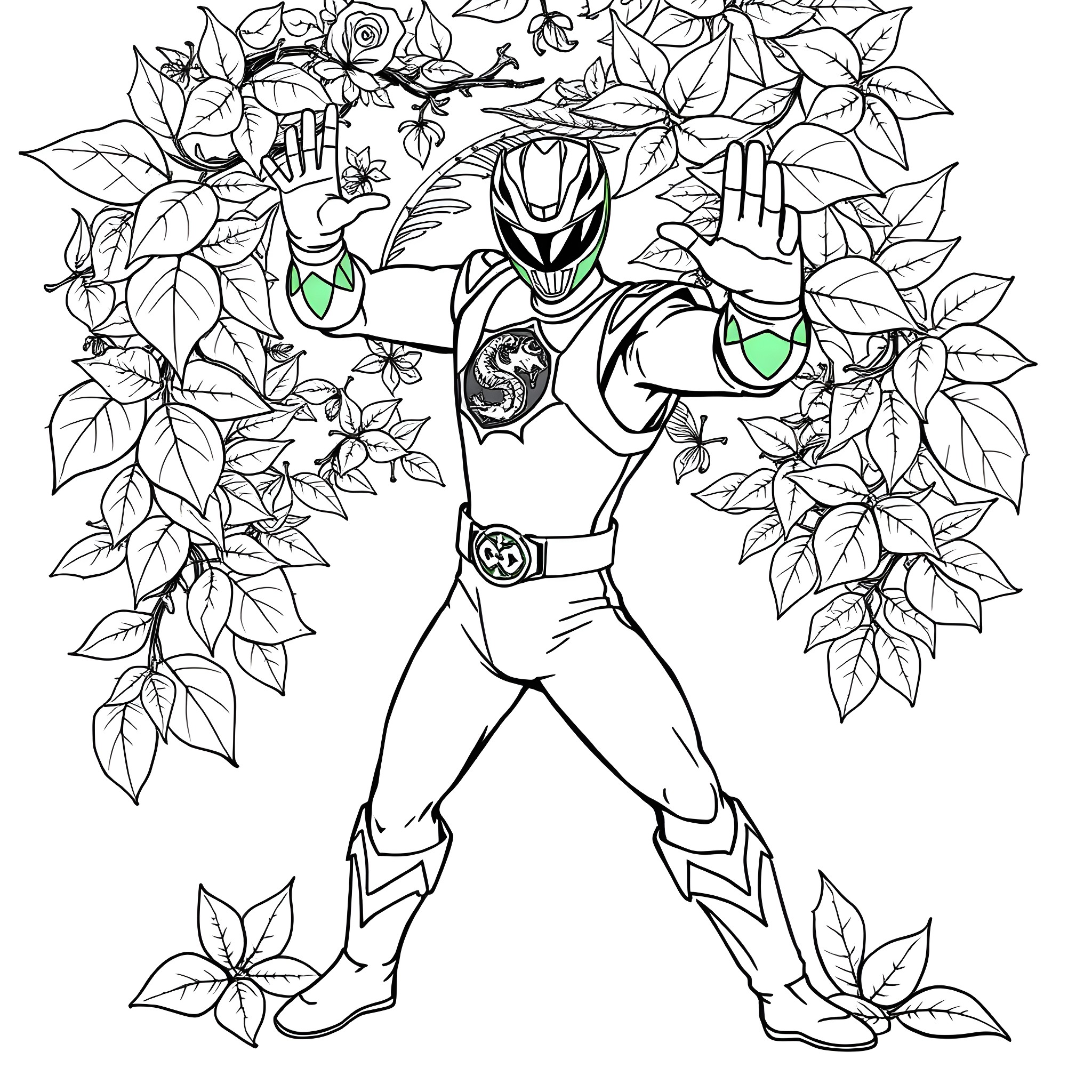 Power Ranger fighting amidst nature's leaves Coloring Page (free black-and-white line drawing printable PDF for all, from beginners to advanced learners, including children, teens, adults, and seniors)