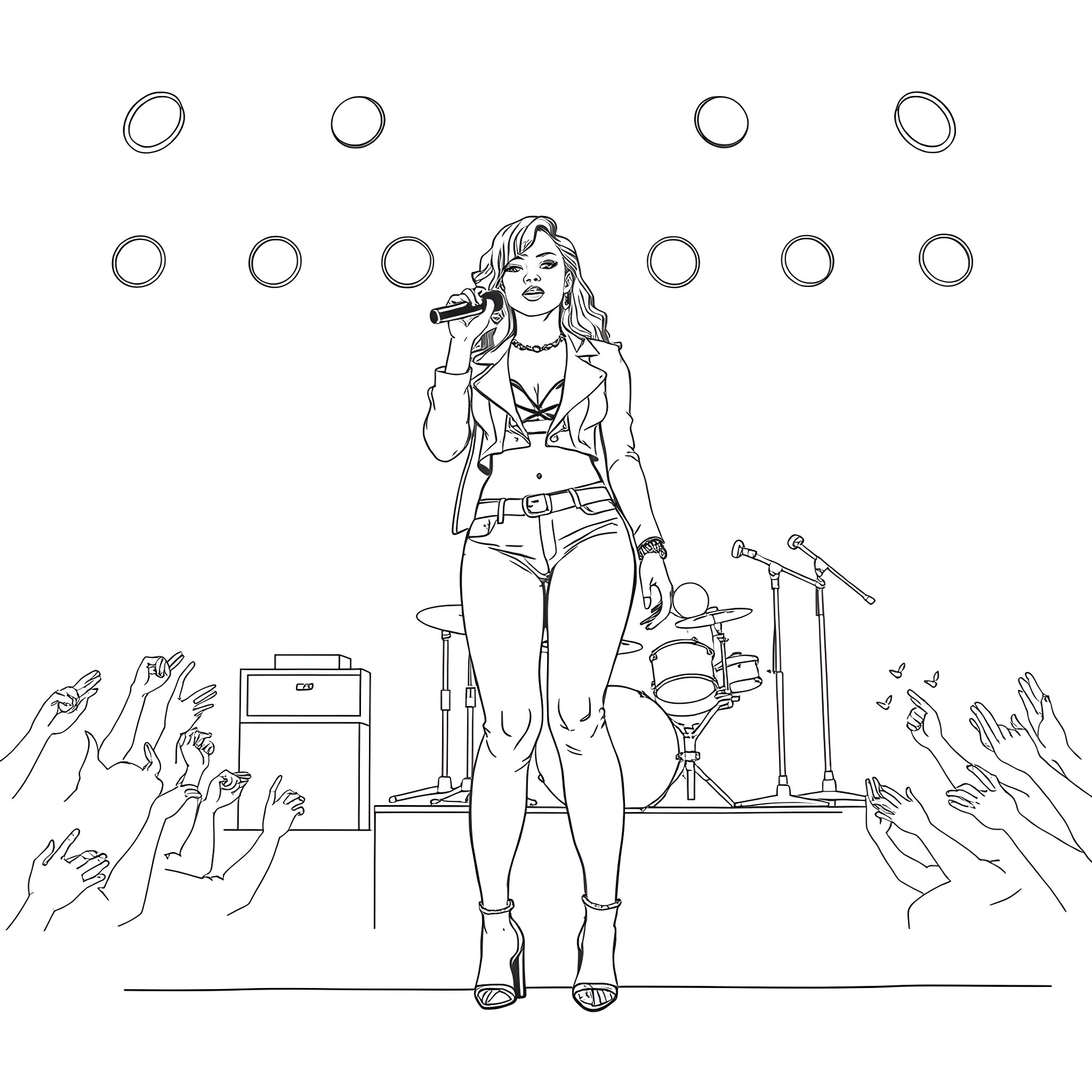 Rihanna performing on stage with energy and passion Coloring Page (free black-and-white line drawing printable PDF for all, from beginners to advanced learners, including children, teens, adults, and seniors)