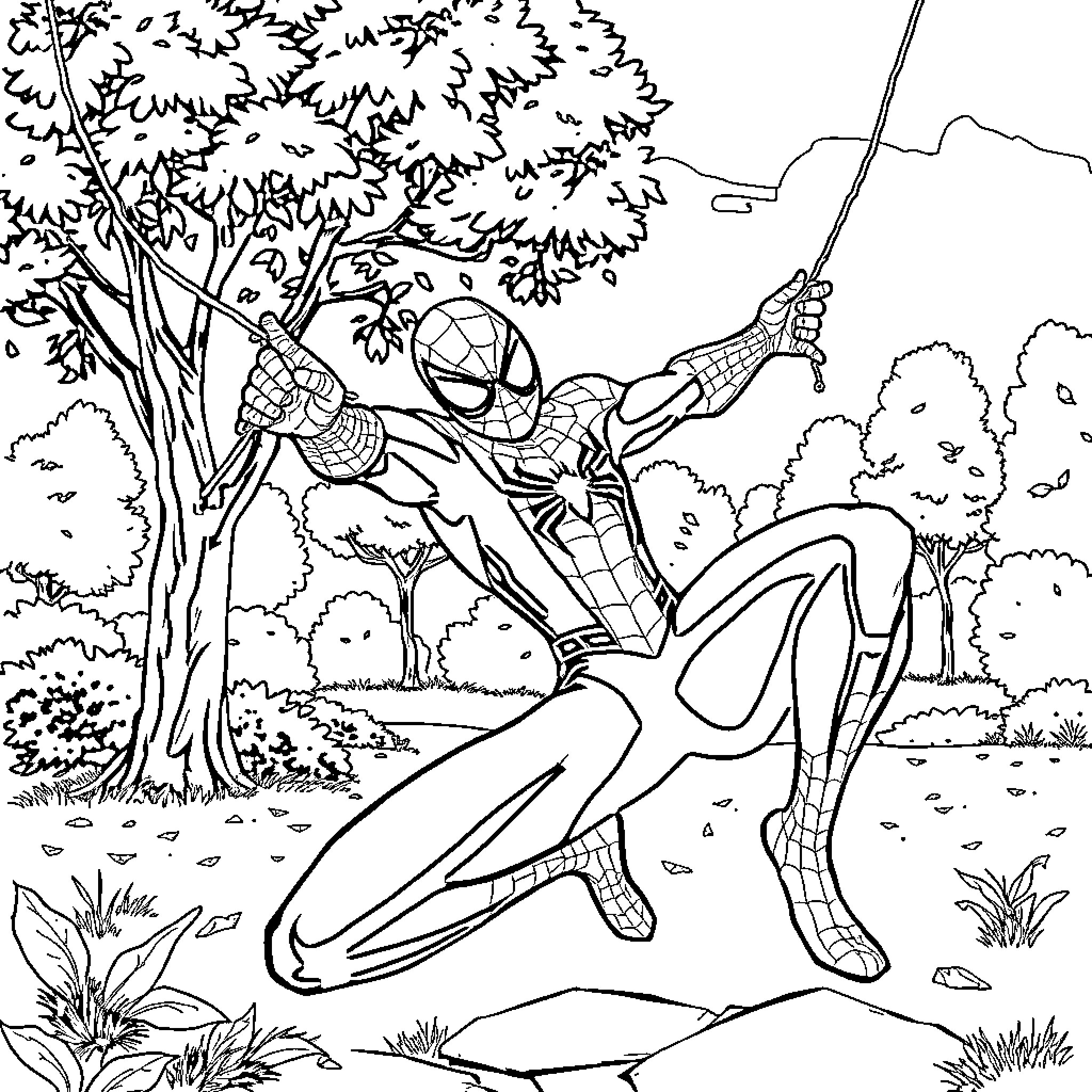 Spidey swinging through the forest in heroic action Coloring Page (free black-and-white line drawing printable PDF for all, from beginners to advanced learners, including children, teens, adults, and seniors)