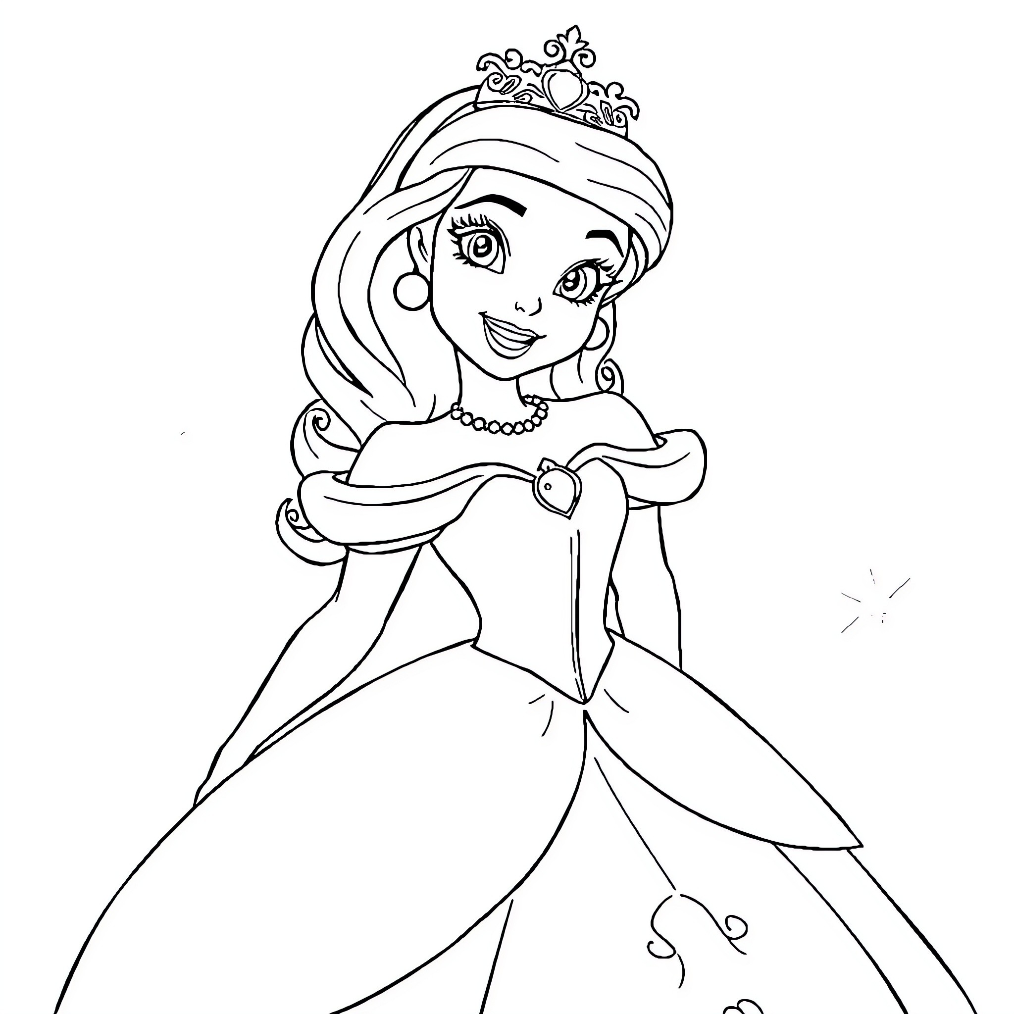 Disney Princess in a Lovely Dress Coloring Page (free black-and-white line drawing printable PDF for all, from beginners to advanced learners, including children, teens, adults, and seniors)