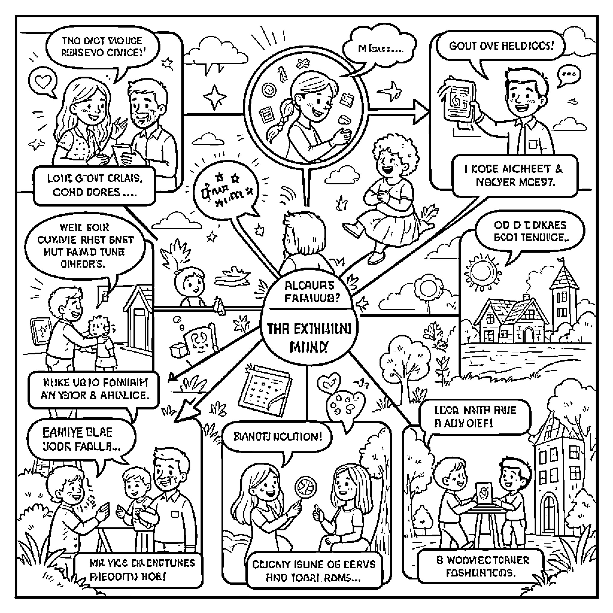Life filled with joyful family moments and daily activities Coloring Page (free black-and-white line drawing printable PDF for all, from beginners to advanced learners, including children, teens, adults, and seniors)