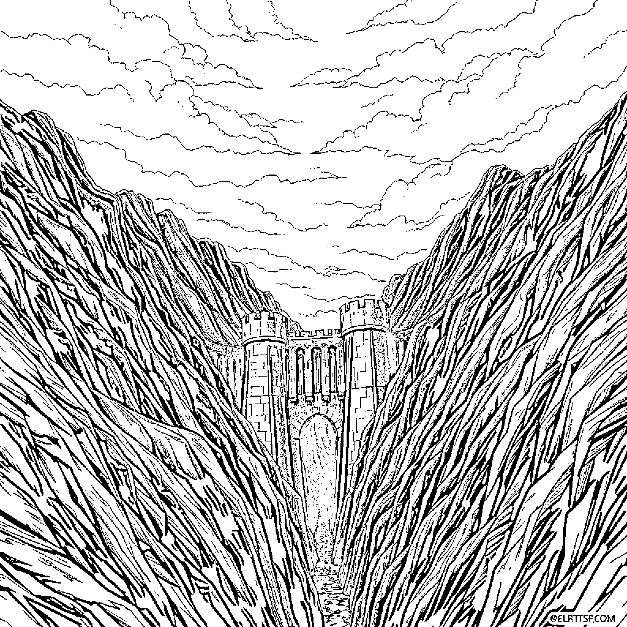 Helm's Deep: Fortress Standing Tall Amidst Towering Peaks Coloring Page (free black-and-white line drawing printable PDF for all, from beginners to advanced learners, including children, teens, adults, and seniors)