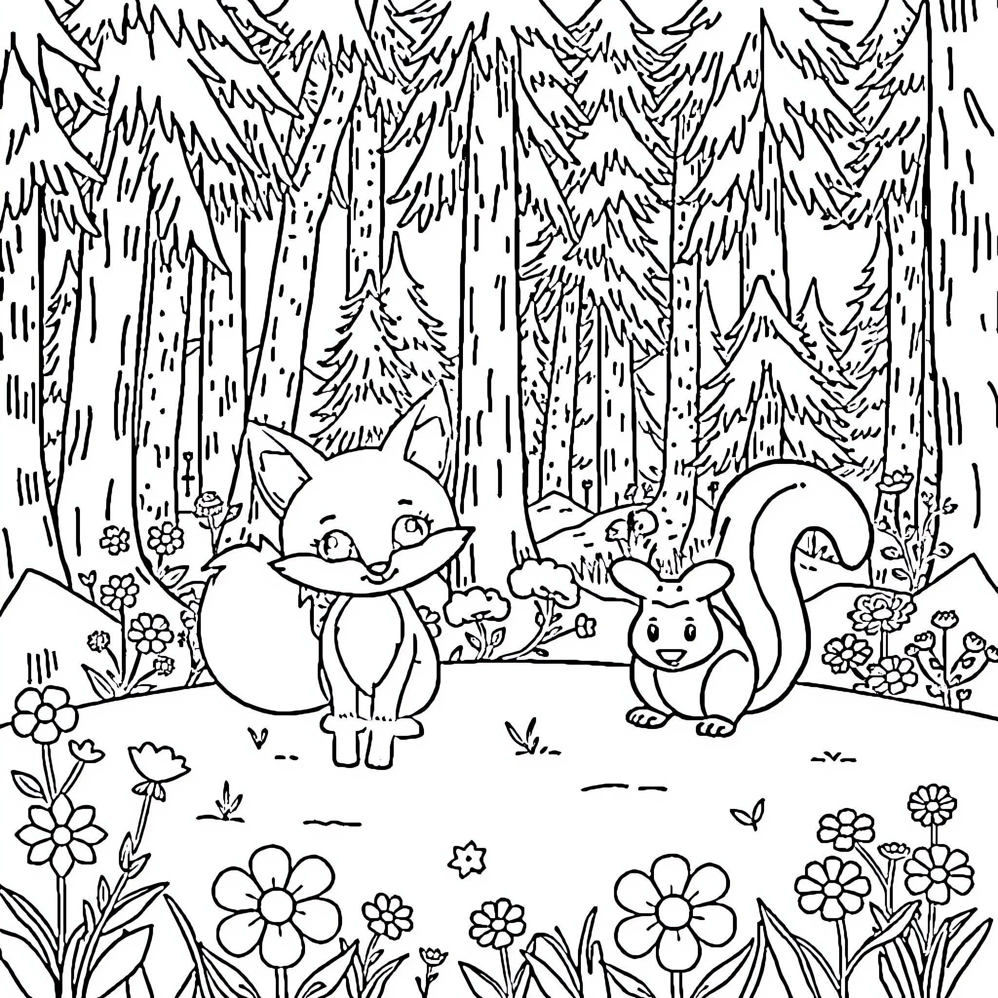 Fox friends in the forest Coloring Page (free black-and-white line drawing printable PDF for all, from beginners to advanced learners, including children, teens, adults, and seniors)