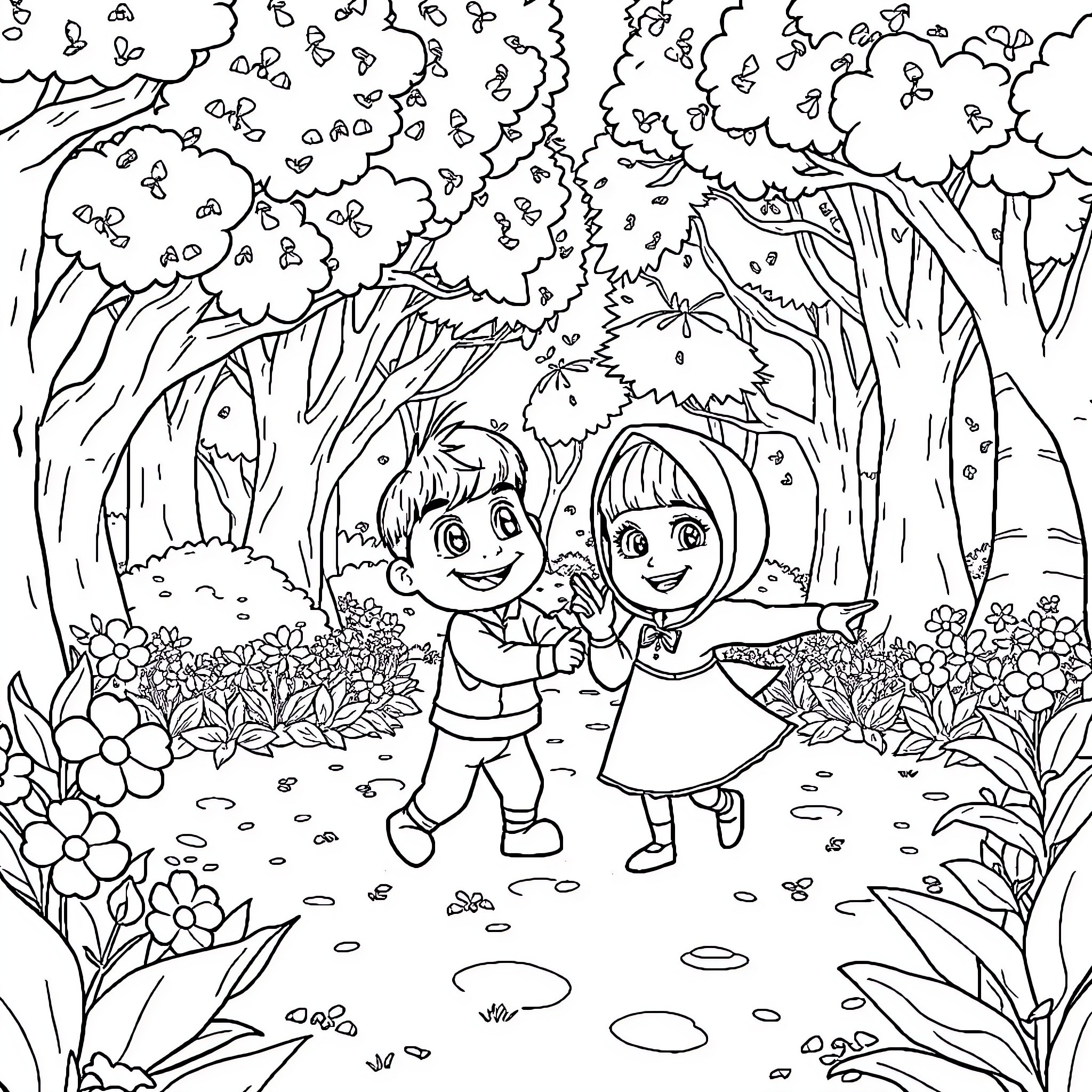 Stish Children Explore Whimsical Forest Landscape Coloring Page (free black-and-white line drawing printable PDF for all, from beginners to advanced learners, including children, teens, adults, and seniors)