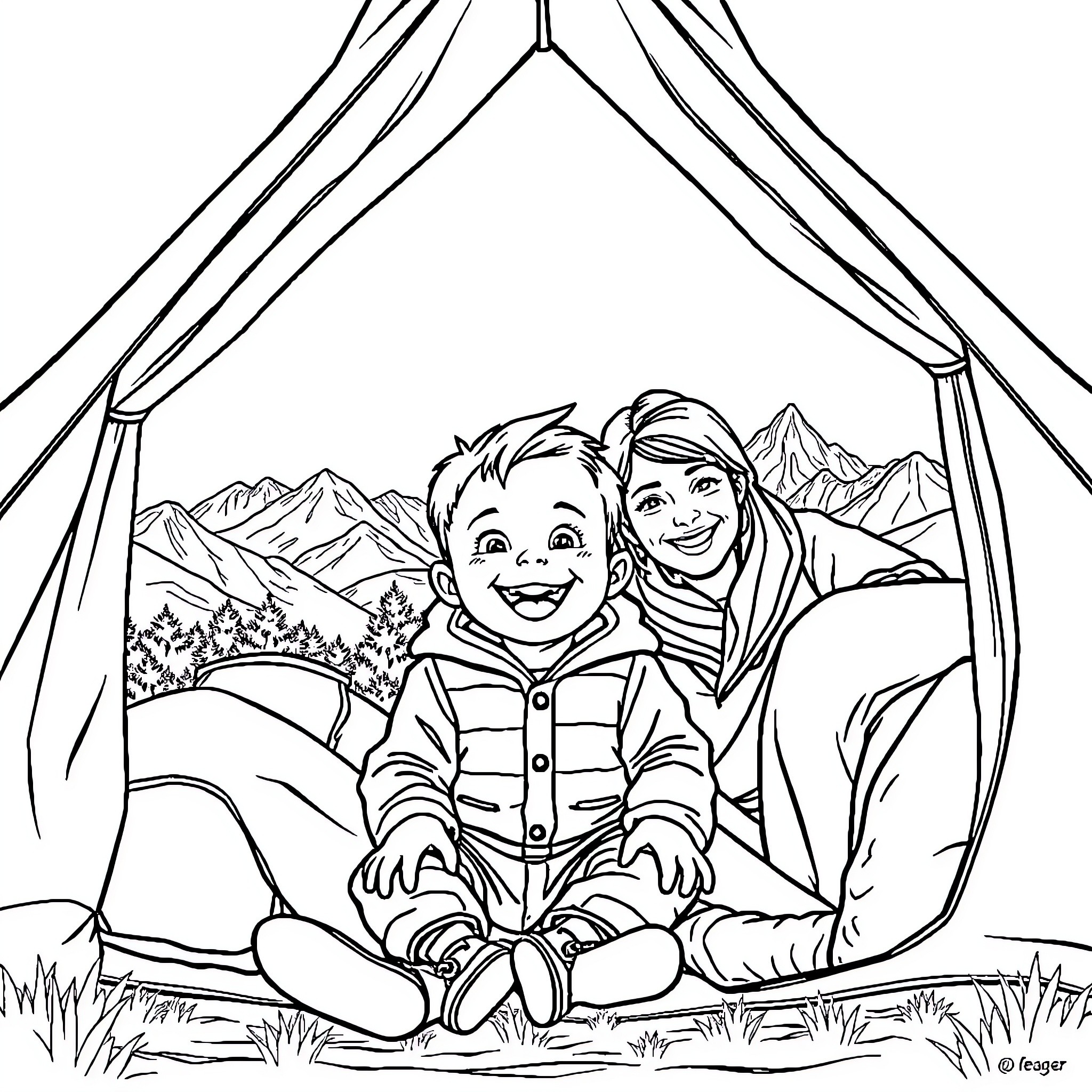 Baby enjoying camping trip with parent in the mountains Coloring Page (free black-and-white line drawing printable PDF for all, from beginners to advanced learners, including children, teens, adults, and seniors)