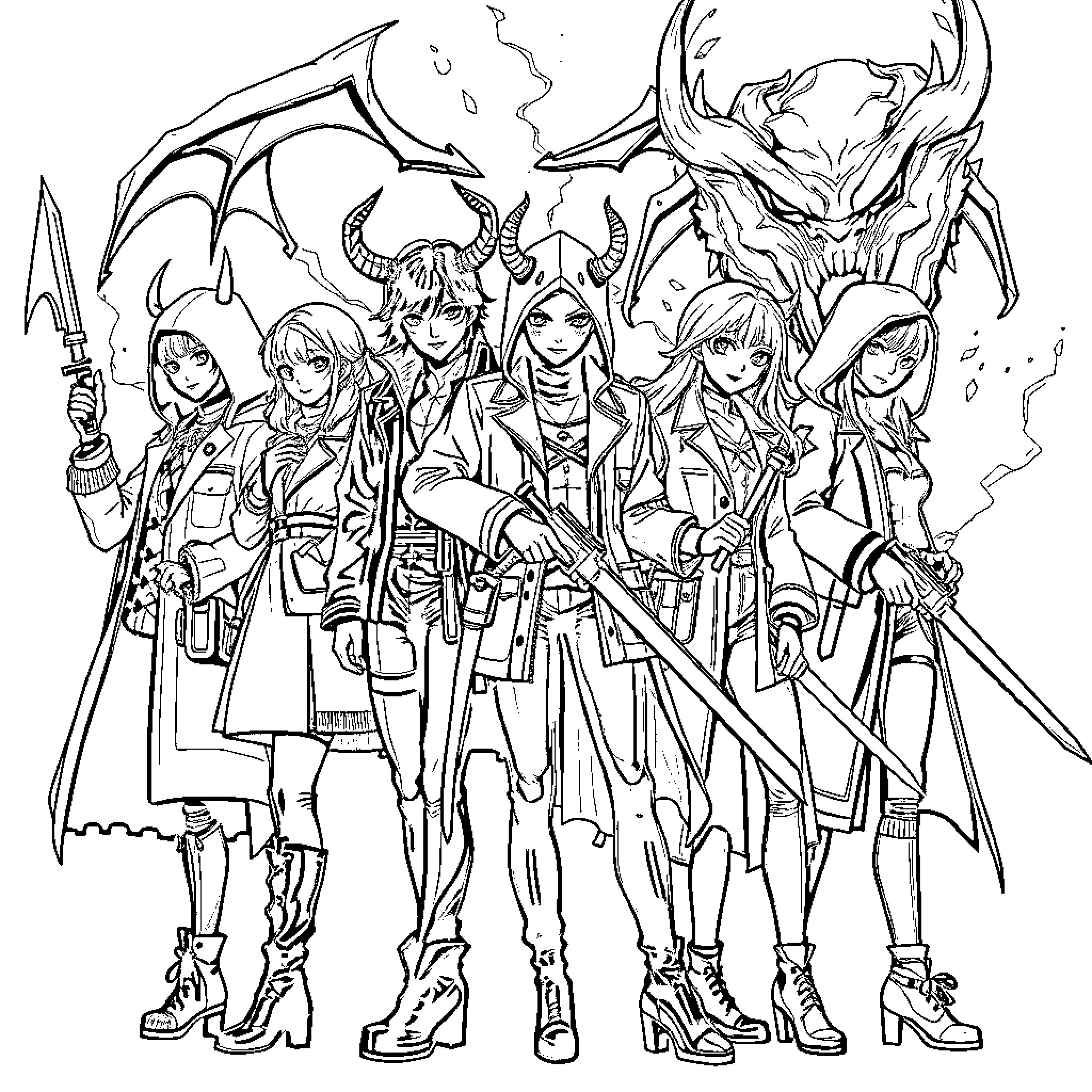 Kpop Demon Hunter: Fearless Fighters Face Otherworldly Foes Coloring Page (free black-and-white line drawing printable PDF for all, from beginners to advanced learners, including children, teens, adults, and seniors)