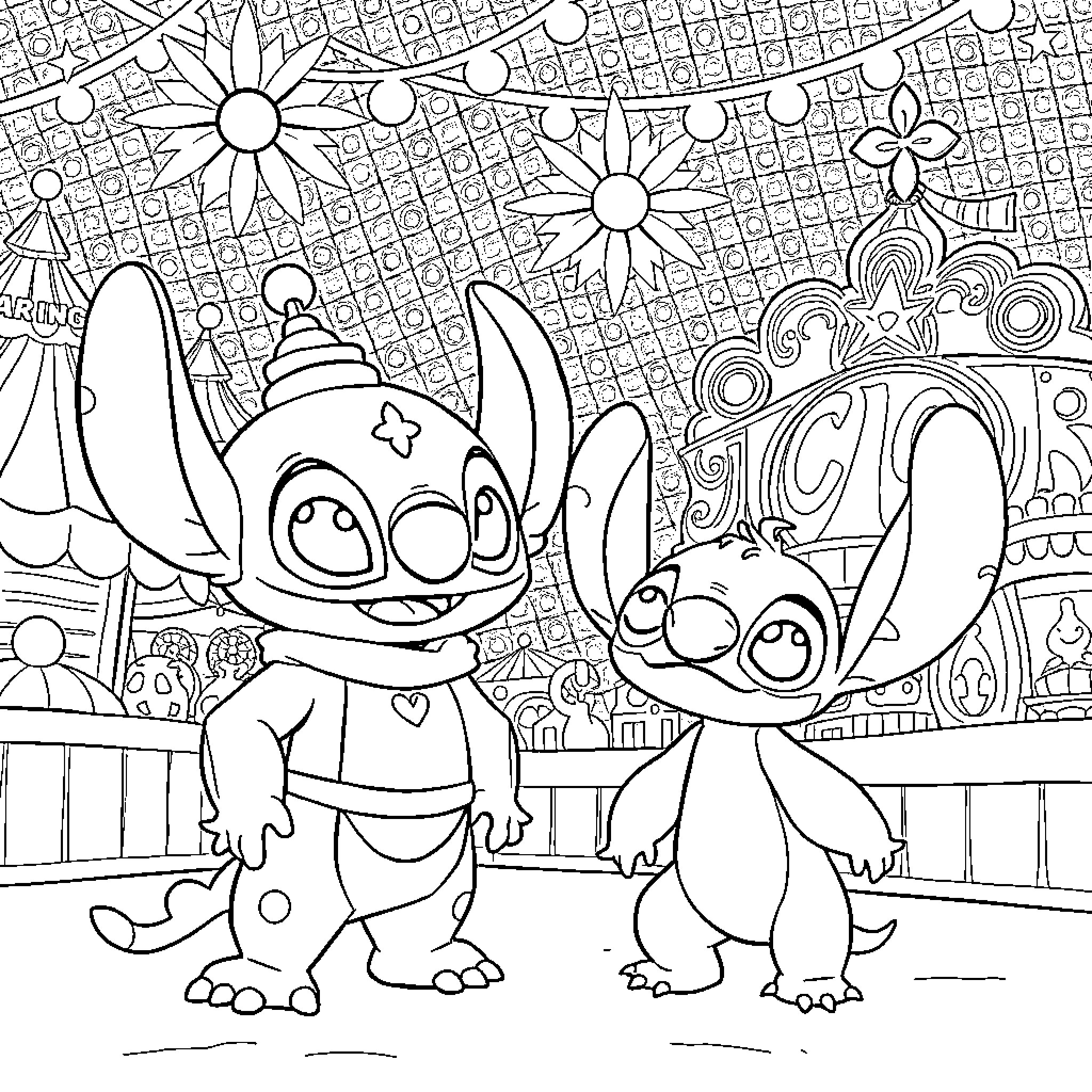 Tung Tung Stitch and Angel Sharing Fun Moments Coloring Page (free black-and-white line drawing printable PDF for all, from beginners to advanced learners, including children, teens, adults, and seniors)