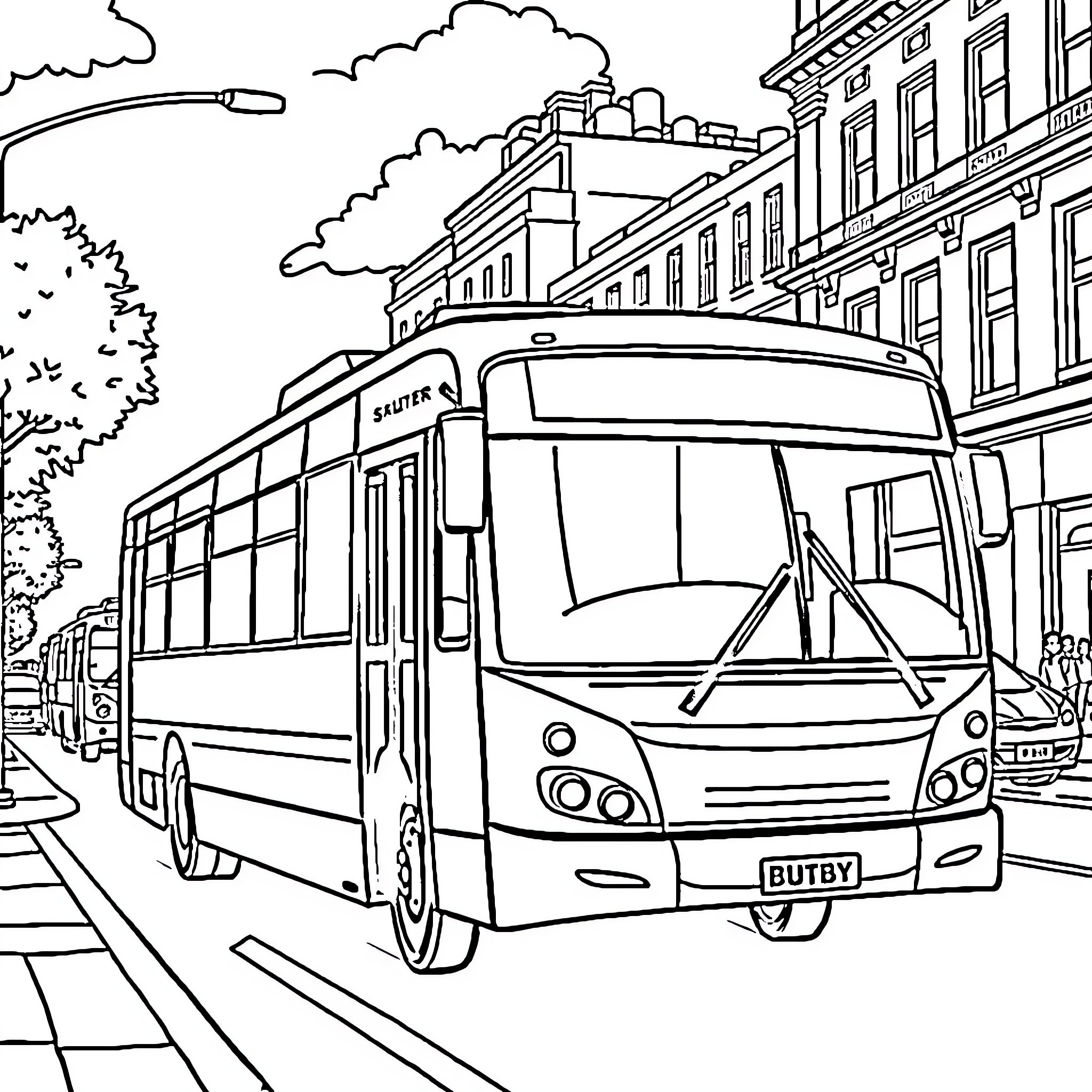 Bus driving through busy city street Coloring Page (free black-and-white line drawing printable PDF for all, from beginners to advanced learners, including children, teens, adults, and seniors)