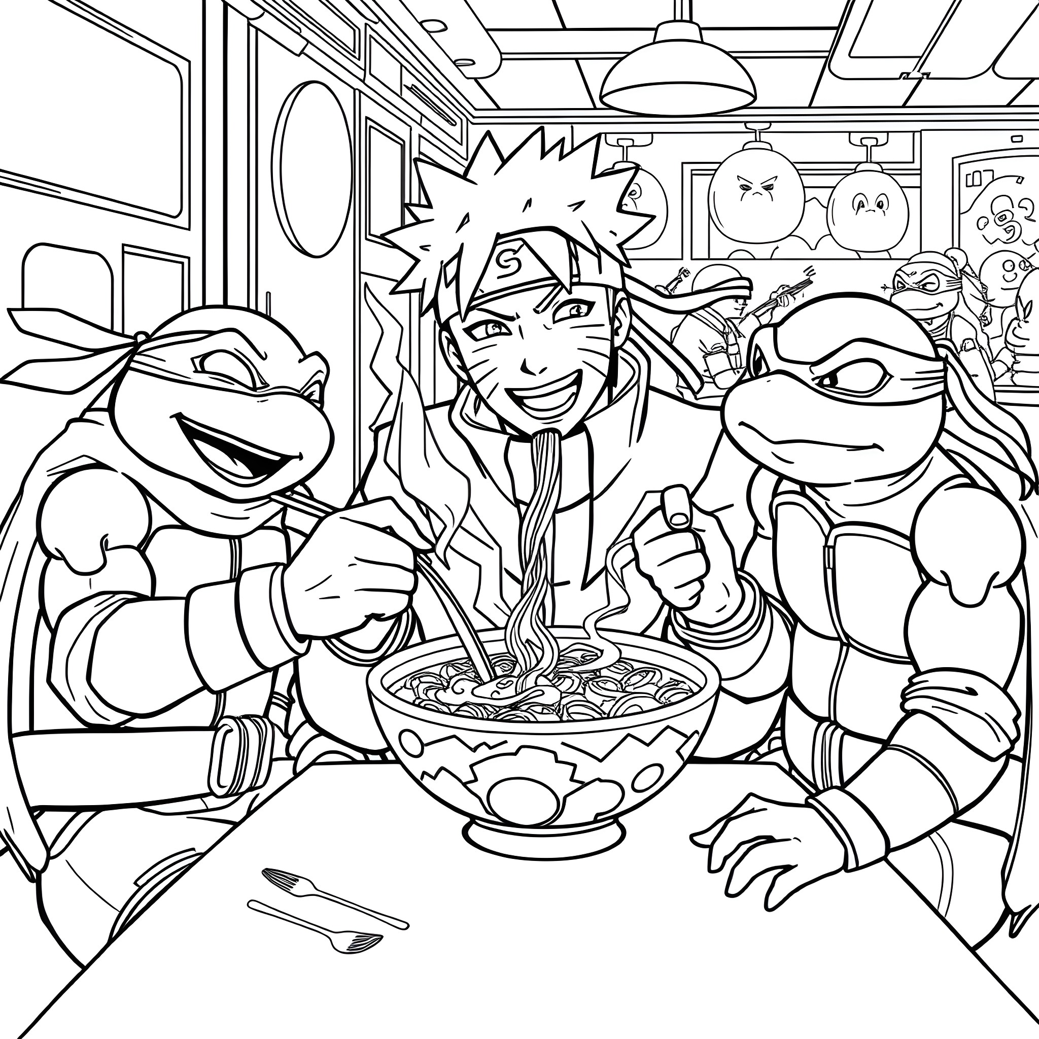 Naruto Enjoying Ramen with Turtle Friends Coloring Page (free black-and-white line drawing printable PDF for all, from beginners to advanced learners, including children, teens, adults, and seniors)