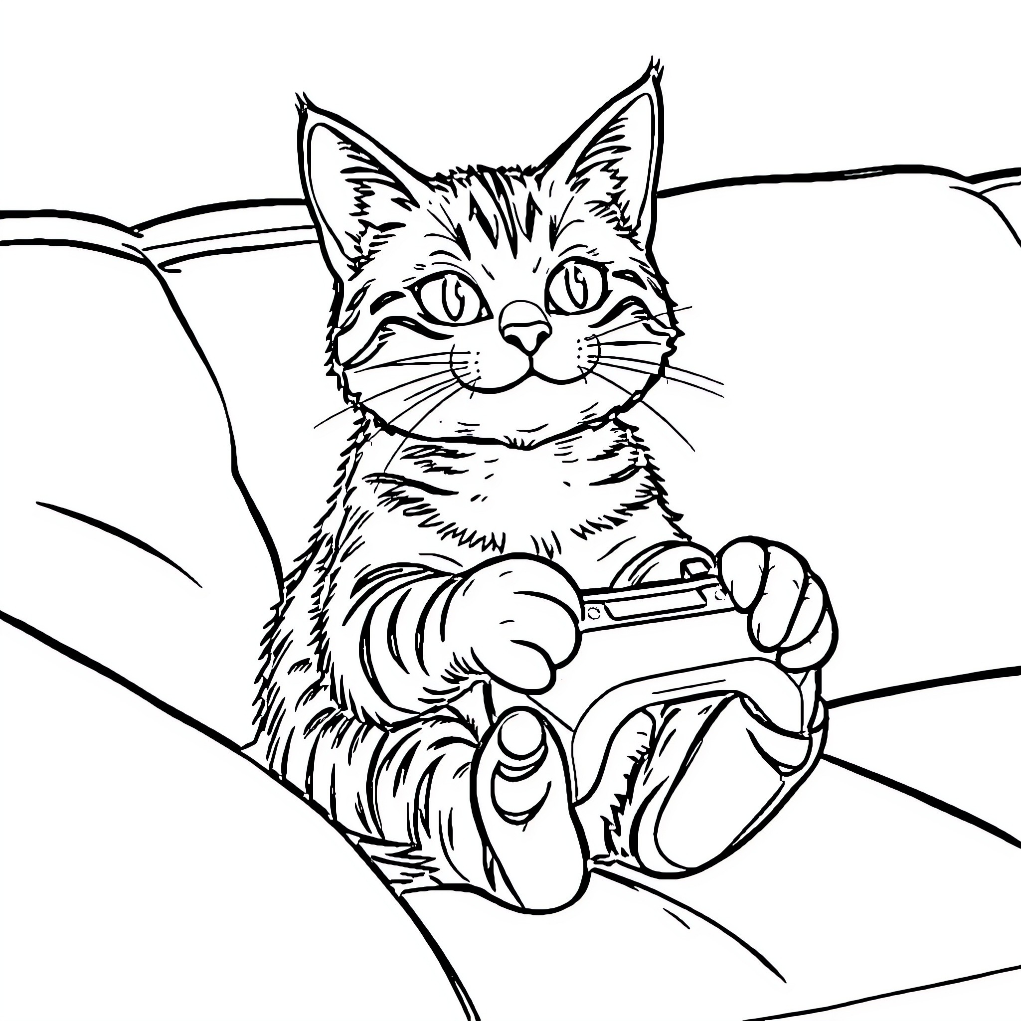 Tabby Cat Enjoying Video Game Controller Coloring Page (free black-and-white line drawing printable PDF for all, from beginners to advanced learners, including children, teens, adults, and seniors)